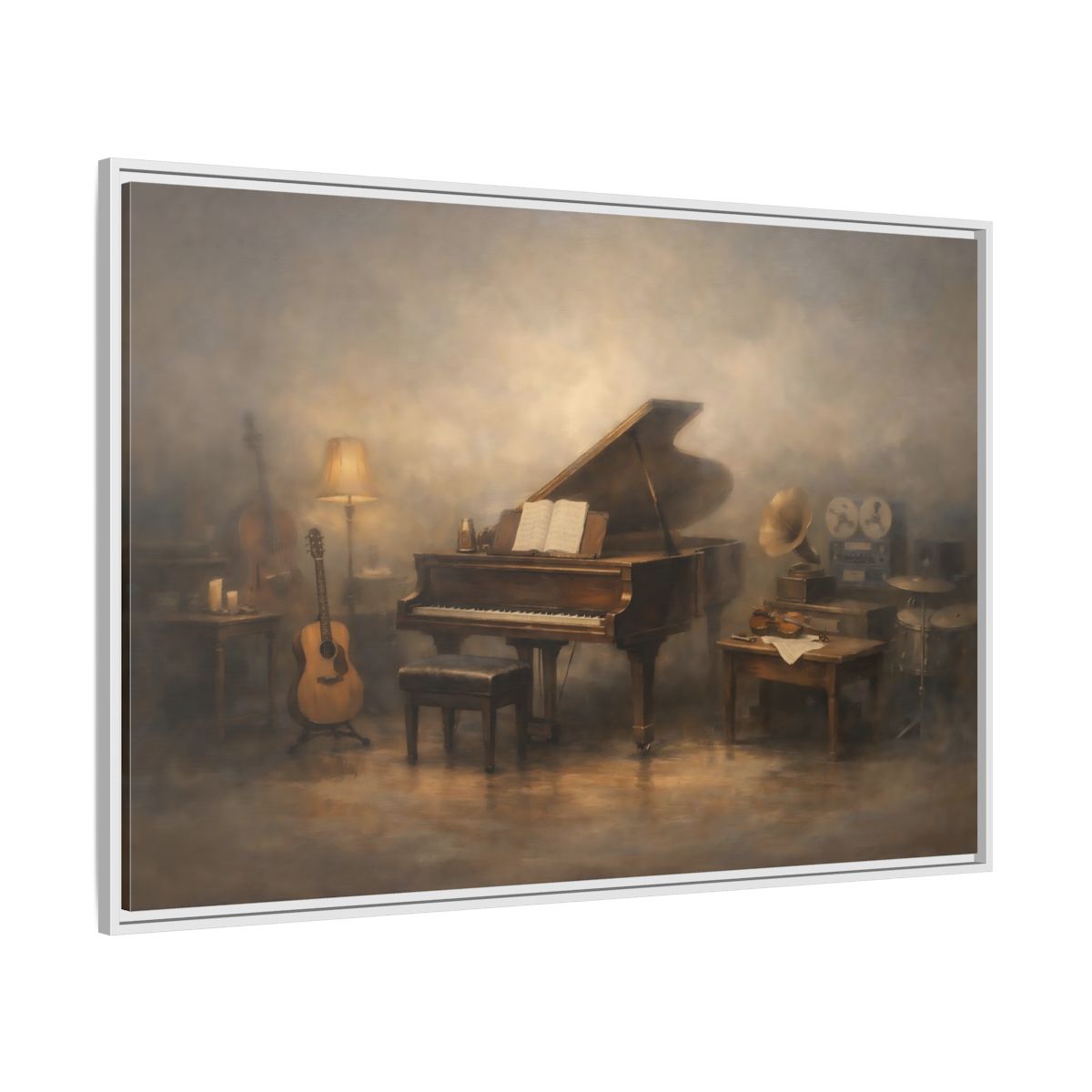Side Mockup 7. Vintage Grand Piano Vintage Music Scene shown as stretched canvas wall art