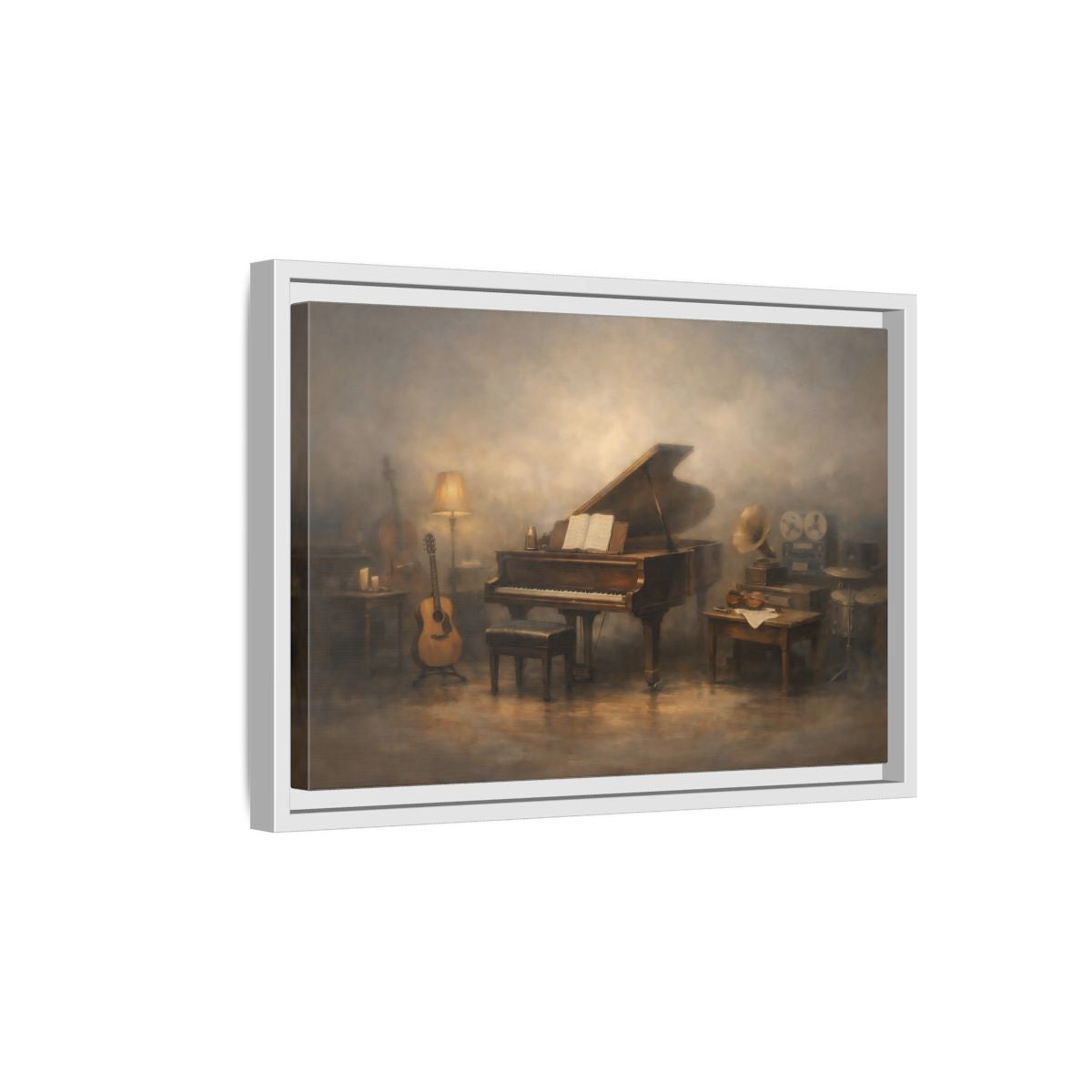 Side Mockup 4. Vintage Grand Piano Vintage Music Scene shown as stretched canvas wall art