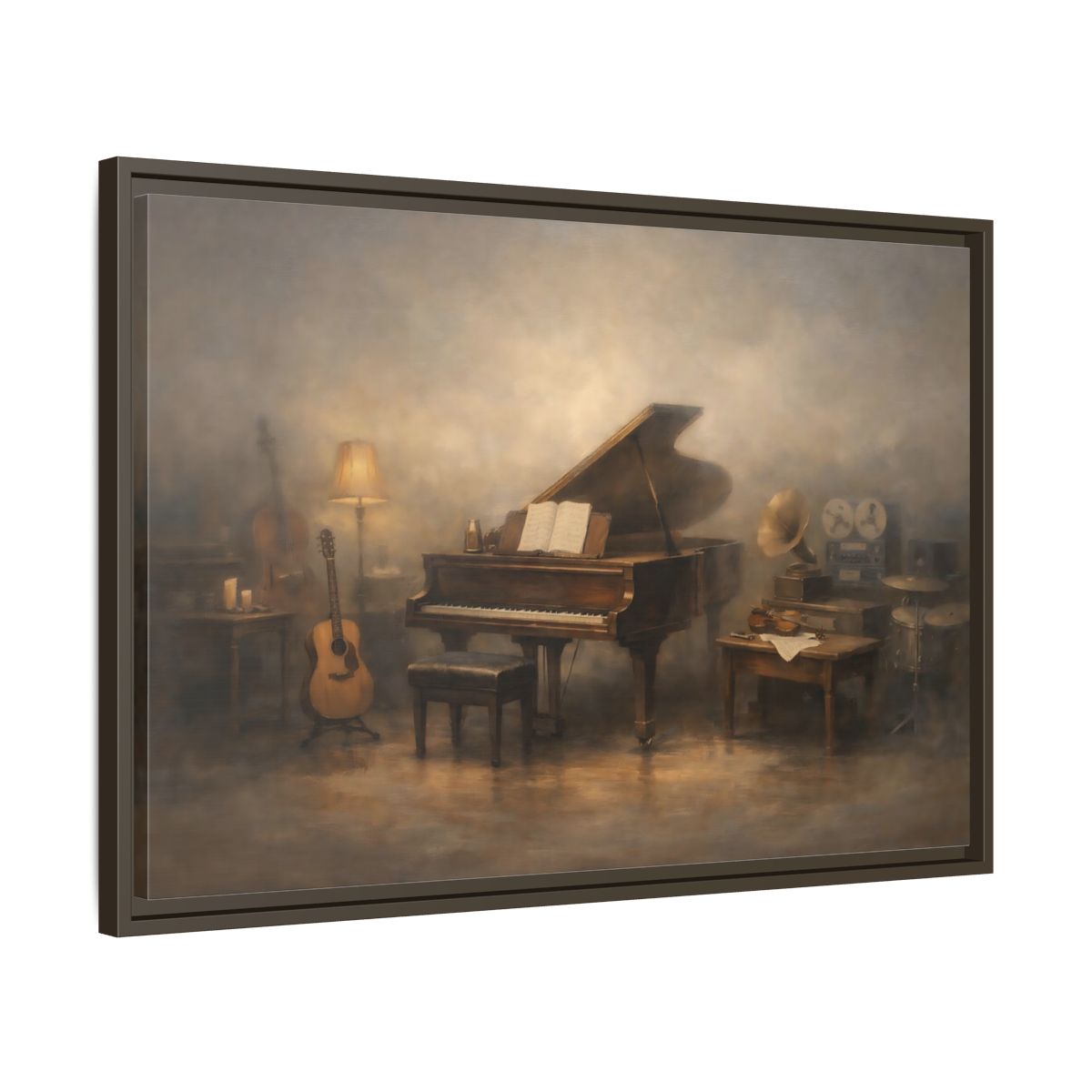 Side Mockup 11. Vintage Grand Piano Vintage Music Scene shown as stretched canvas wall art