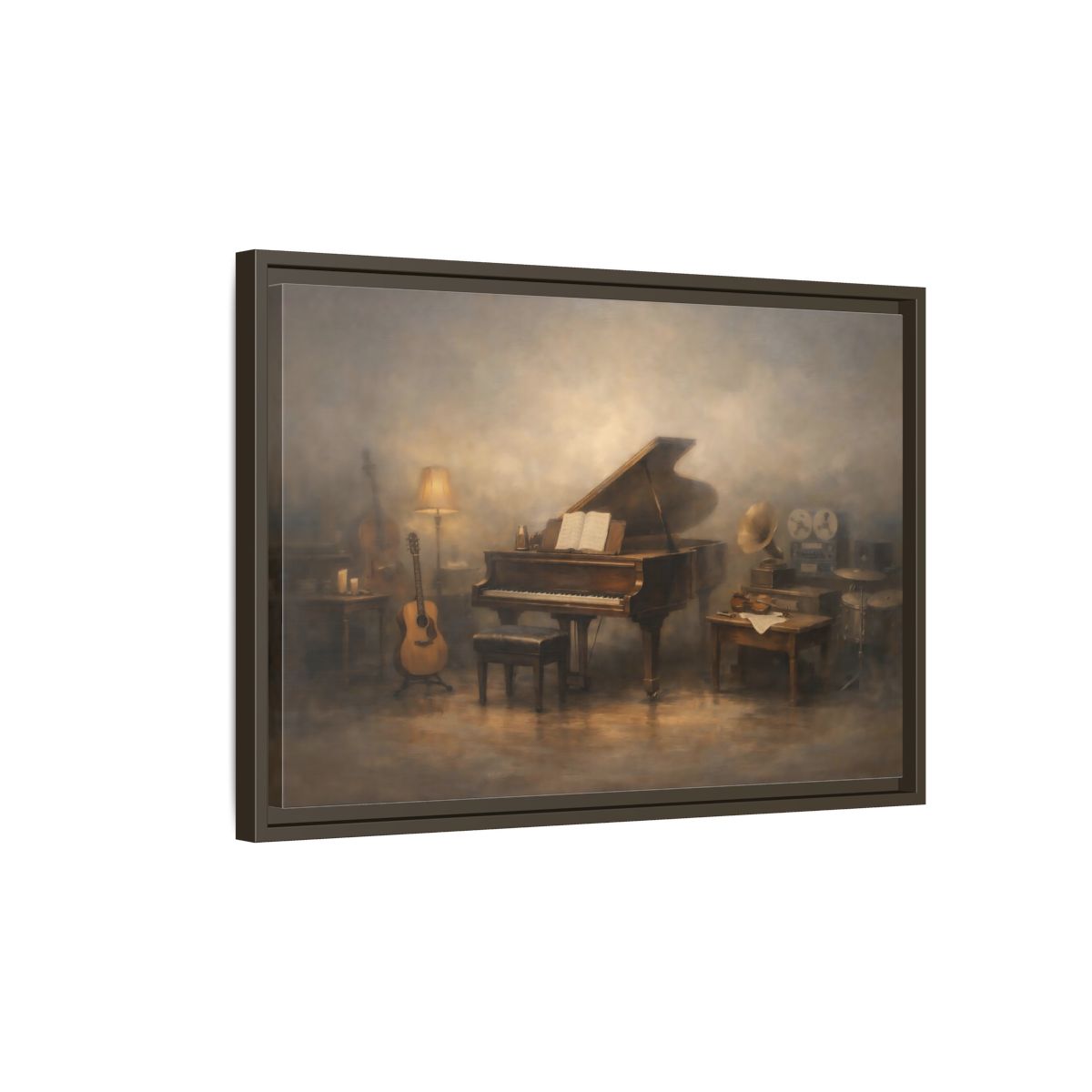 Side Mockup 2. Vintage Grand Piano Vintage Music Scene shown as stretched canvas wall art