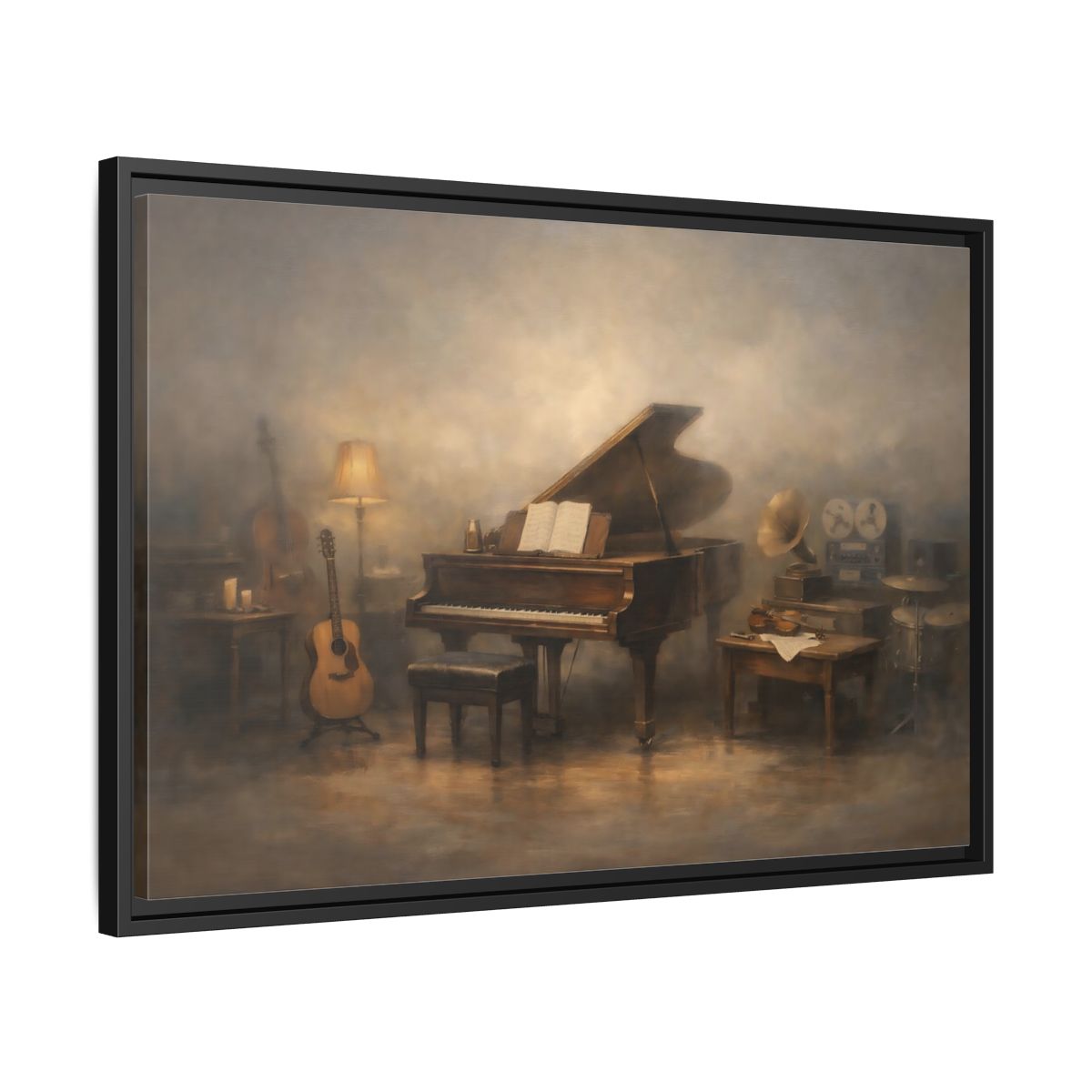 Side Mockup 14. Vintage Grand Piano Vintage Music Scene shown as stretched canvas wall art
