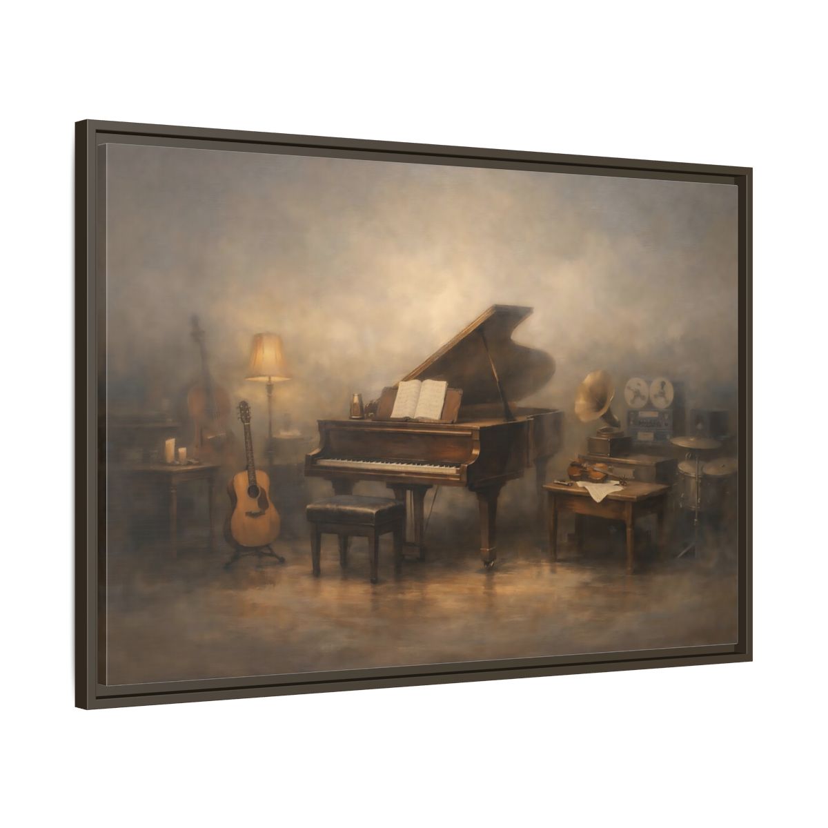 Side Mockup 9. Vintage Grand Piano Vintage Music Scene shown as stretched canvas wall art