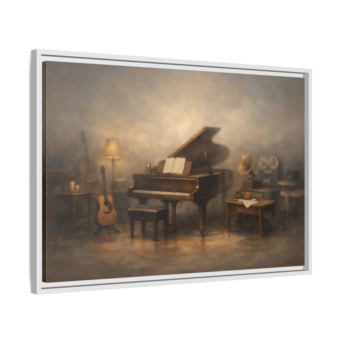 Side Mockup 10. Vintage Grand Piano Vintage Music Scene shown as stretched canvas wall art
