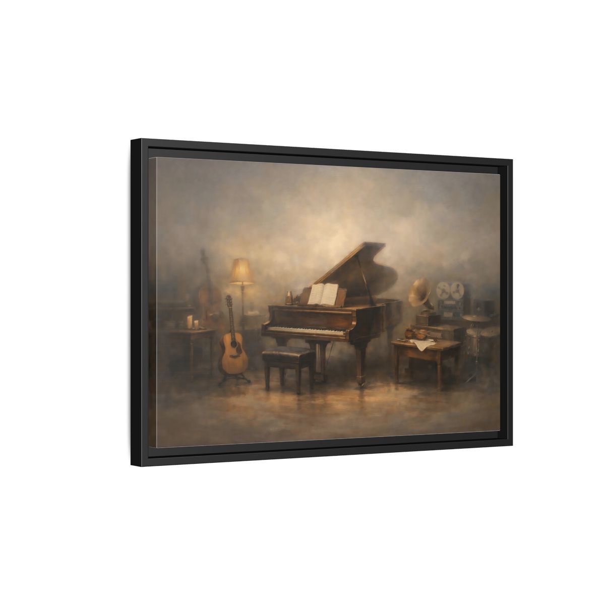 Side Mockup 3. Vintage Grand Piano Vintage Music Scene shown as stretched canvas wall art