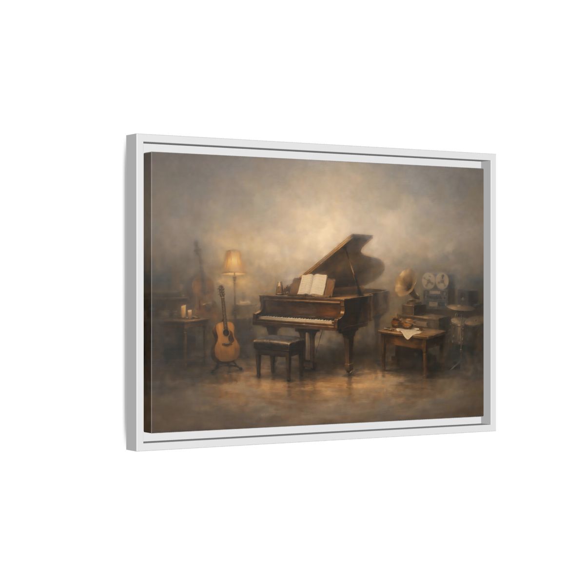 Side Mockup 1. Vintage Grand Piano Vintage Music Scene shown as stretched canvas wall art