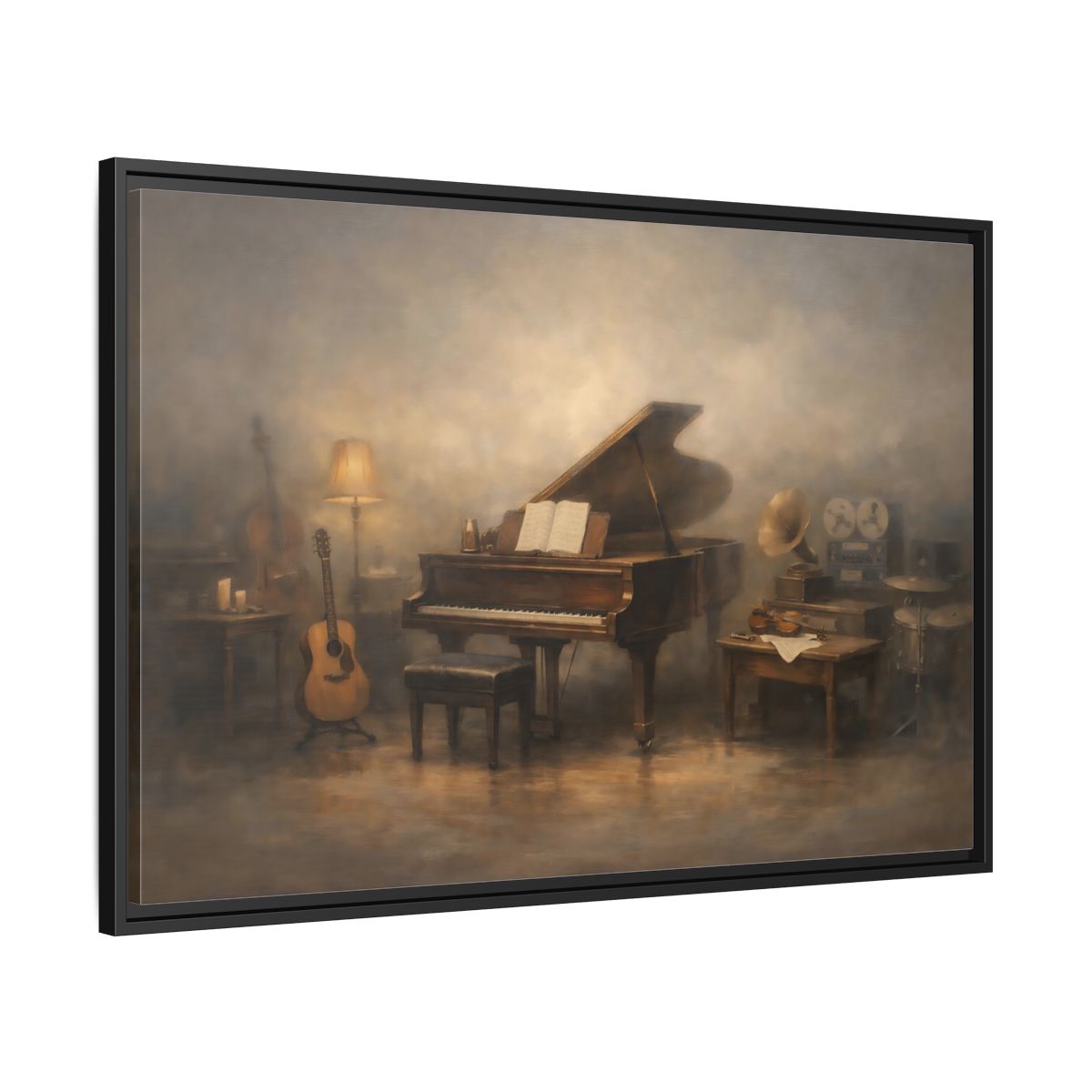 Side Mockup 13. Vintage Grand Piano Vintage Music Scene shown as stretched canvas wall art