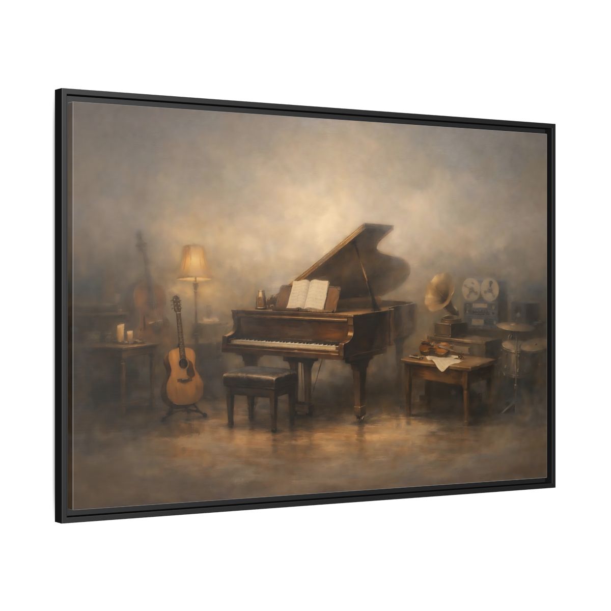 Side Mockup 12. Vintage Grand Piano Vintage Music Scene shown as stretched canvas wall art
