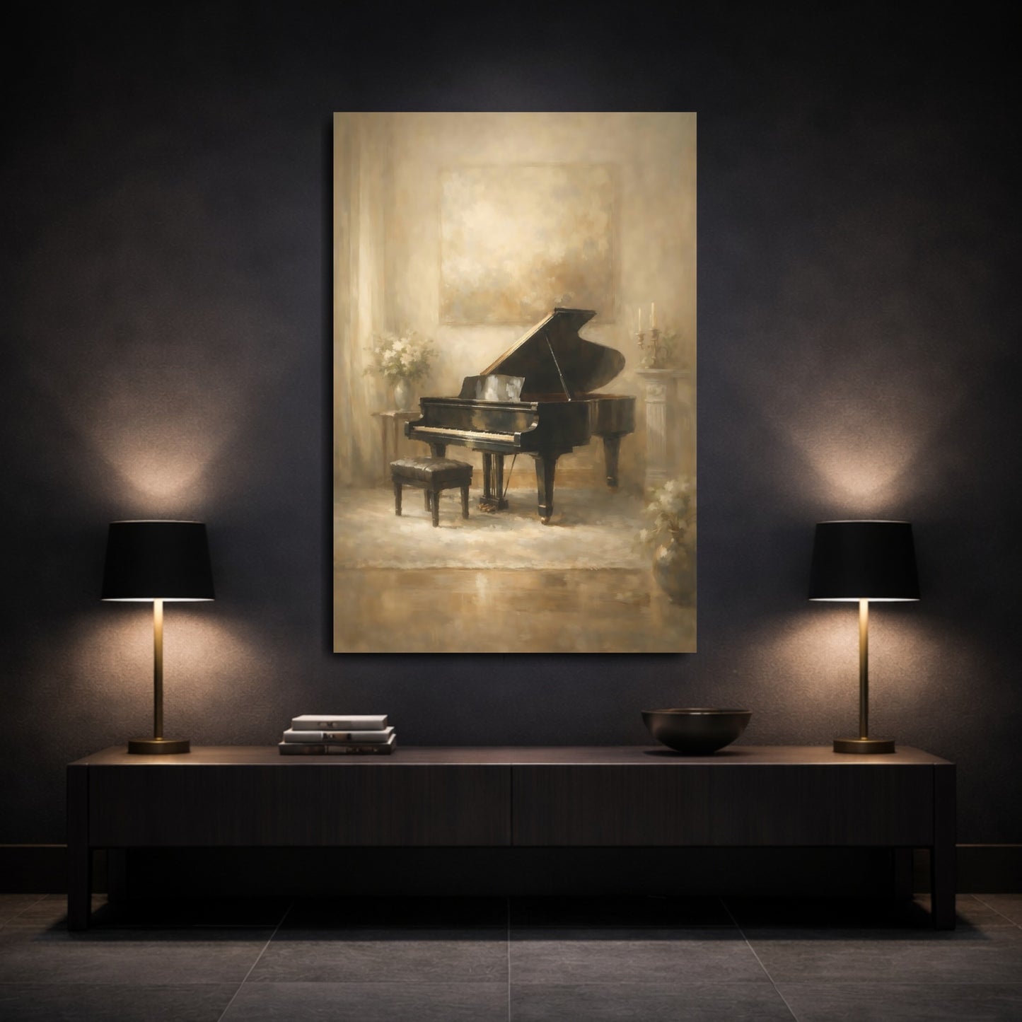 Mockup 2. Vintage Grand Piano Sepia Piano shown as stretched canvas wall art