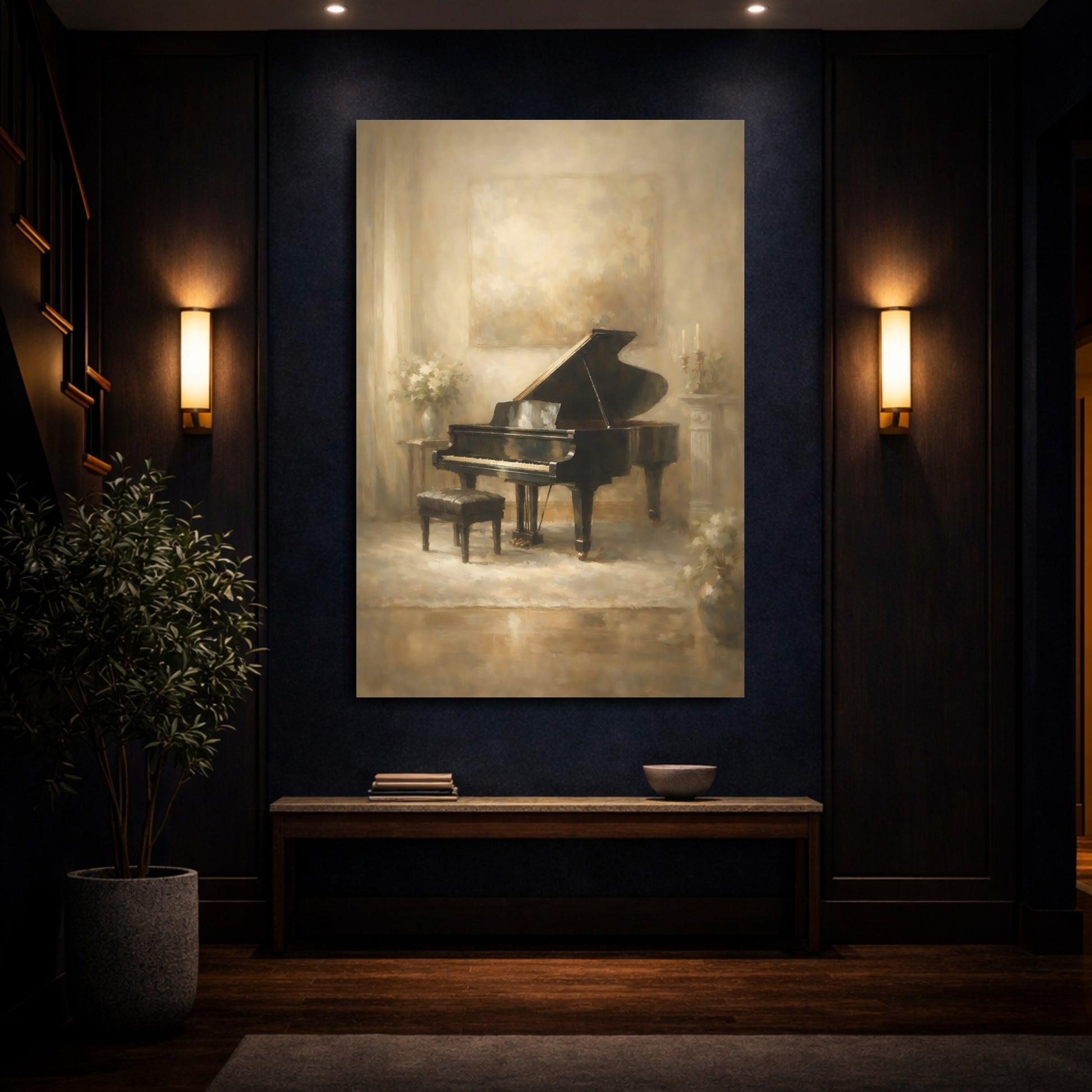 Mockup 3. Vintage Grand Piano Sepia Piano shown as stretched canvas wall art
