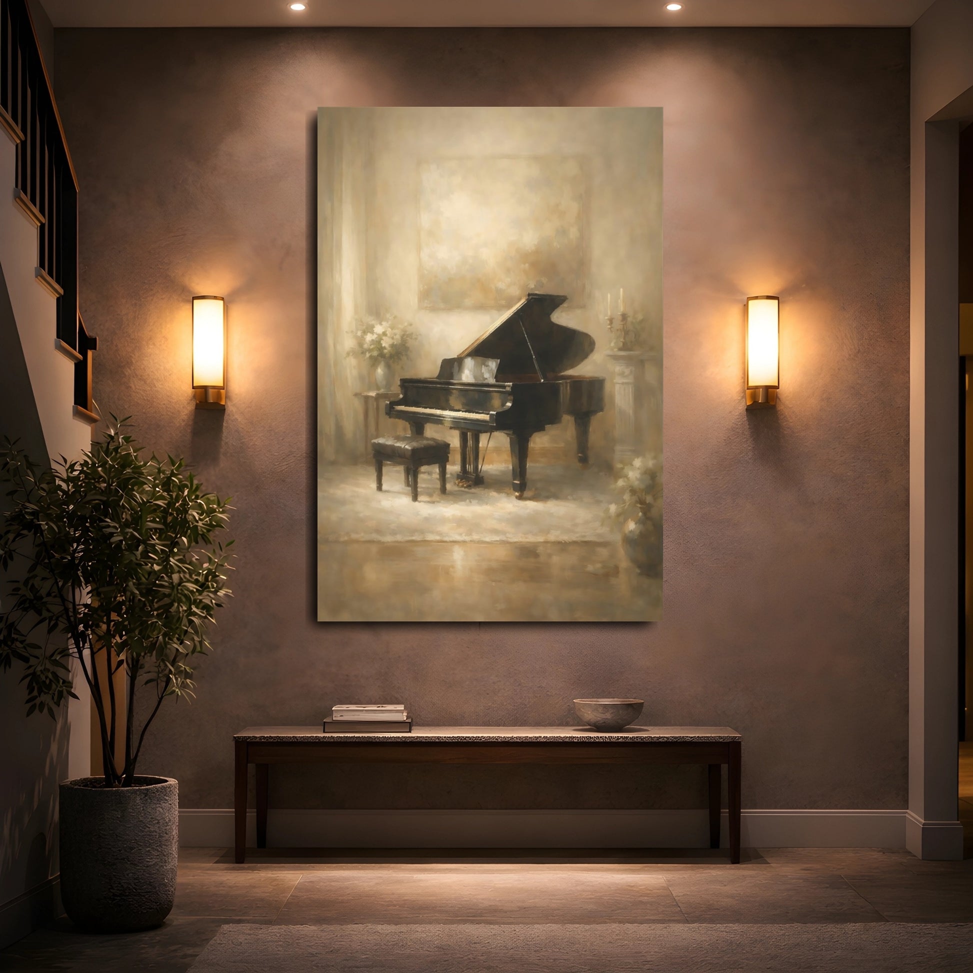 Mockup 4. Vintage Grand Piano Sepia Piano shown as stretched canvas wall art