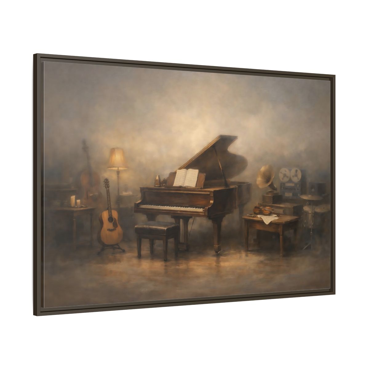 Main Mockup. Vintage Grand Piano Vintage Music Scene shown as stretched canvas wall art