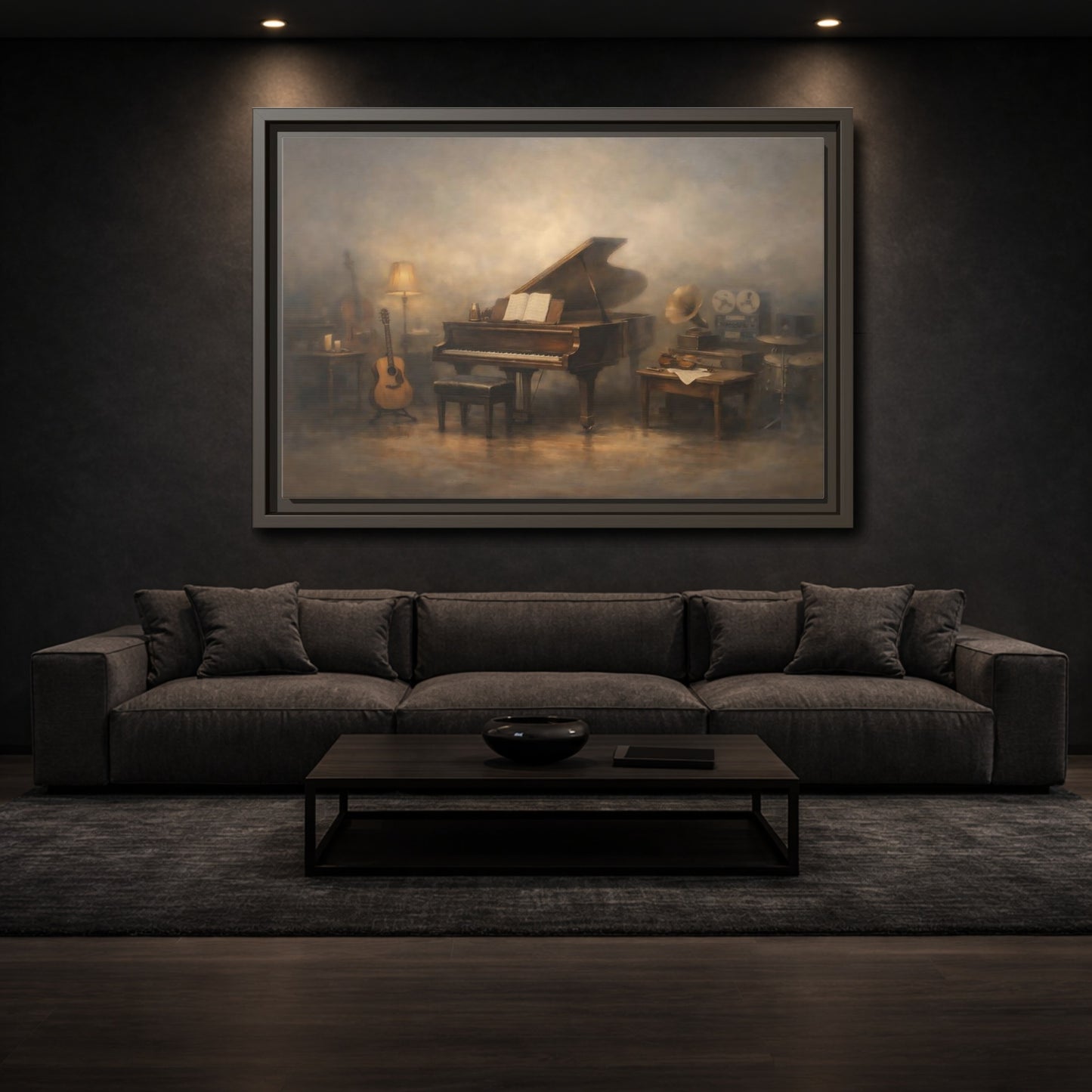 Mockup 2. Vintage Grand Piano Vintage Music Scene shown as stretched canvas wall art