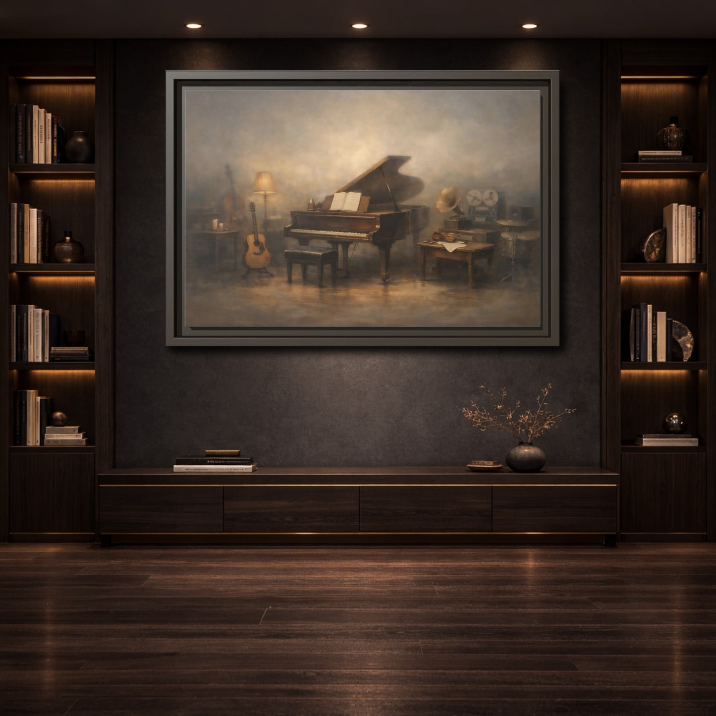 Mockup 3. Vintage Grand Piano Vintage Music Scene shown as stretched canvas wall art