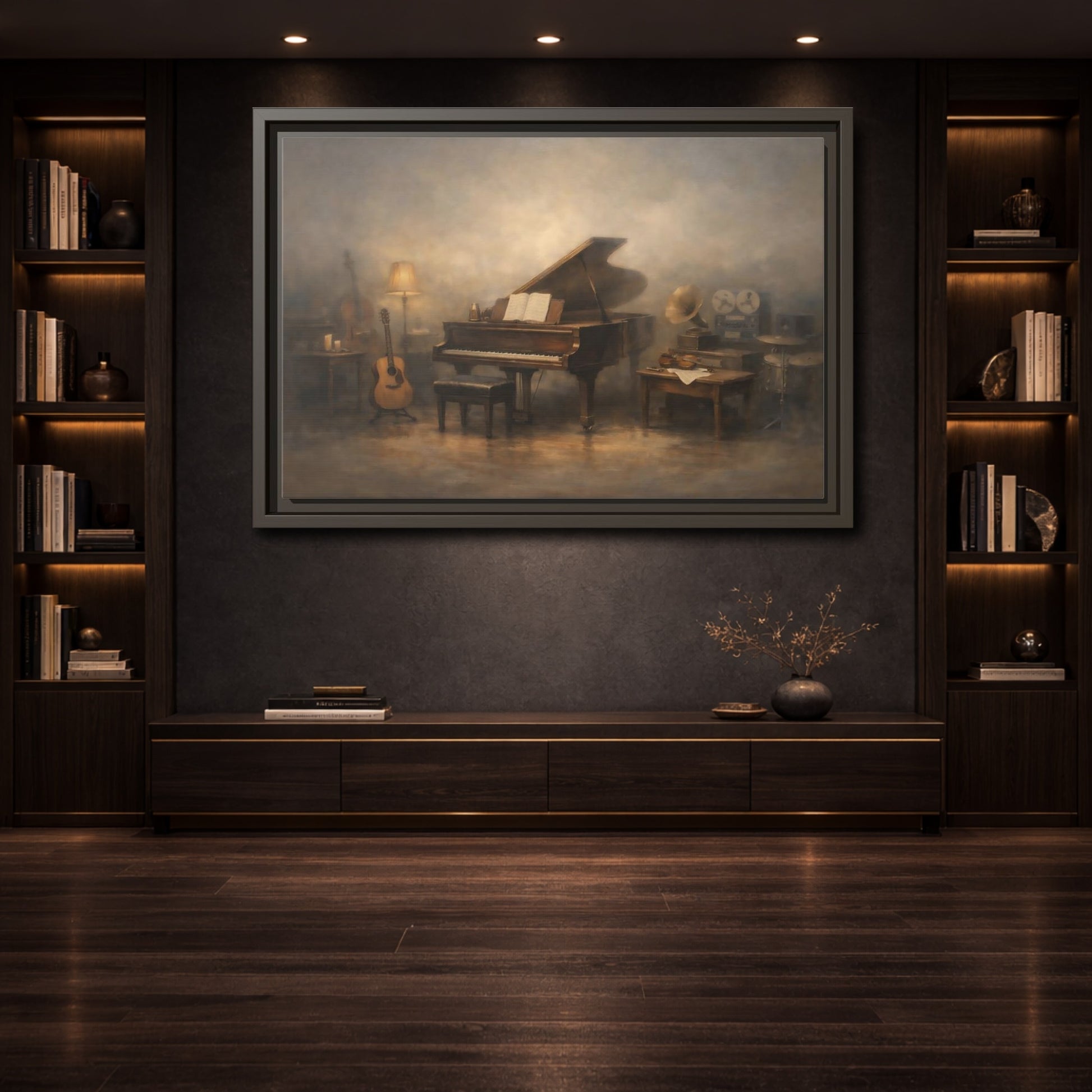 Mockup 3. Vintage Grand Piano Vintage Music Scene shown as stretched canvas wall art