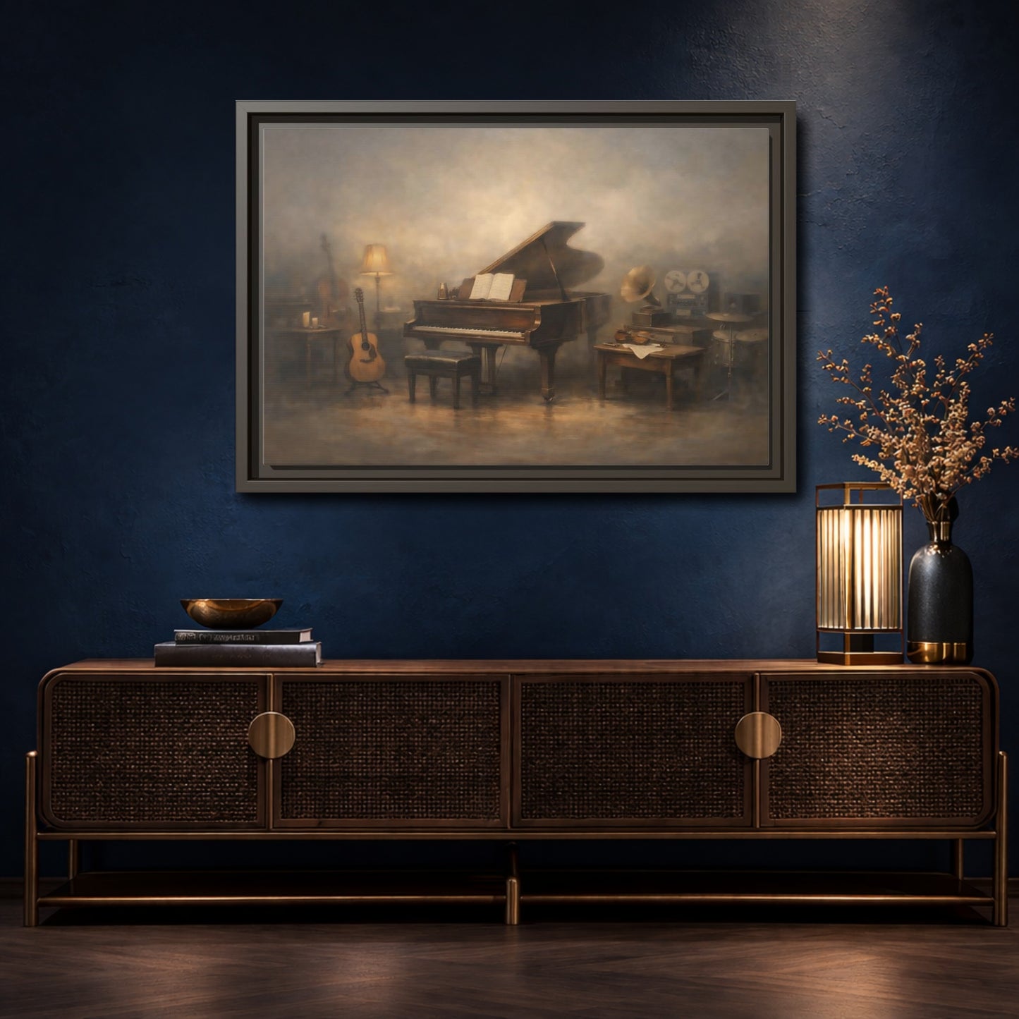 Mockup 4. Vintage Grand Piano Vintage Music Scene shown as stretched canvas wall art