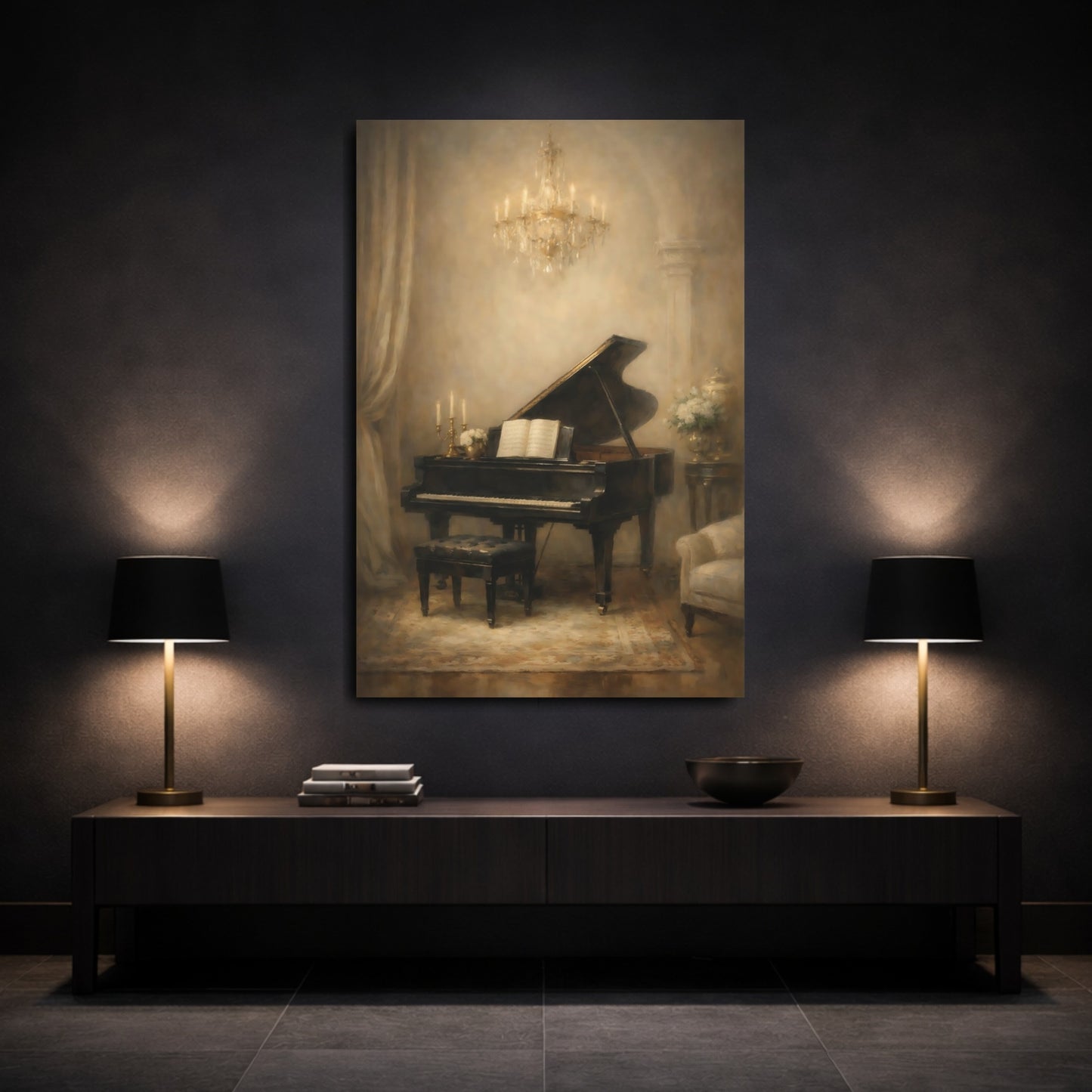 Mockup 2. Vintage Grand Piano Vintage Piano Art shown as stretched canvas wall art