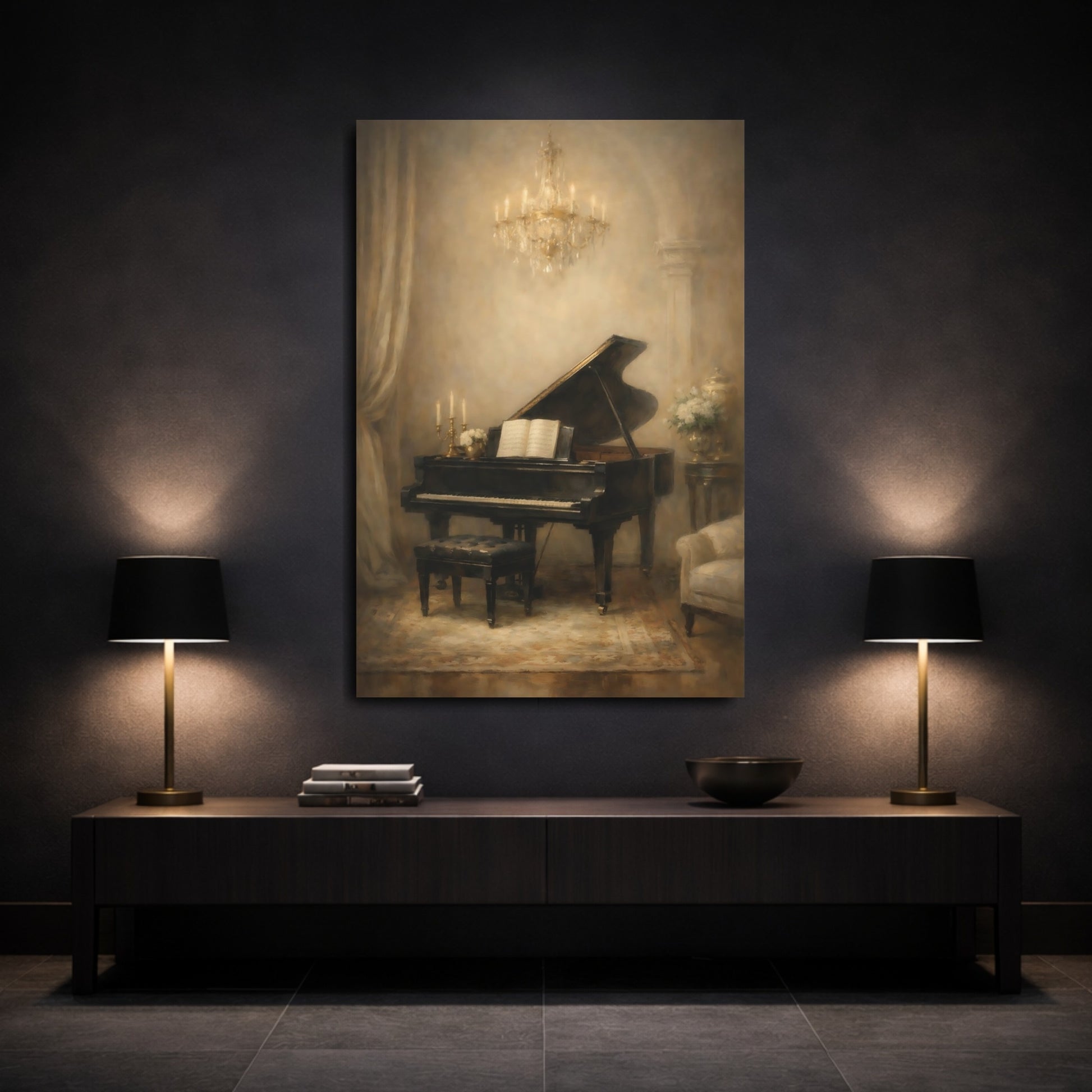 Mockup 2. Vintage Grand Piano Vintage Piano Art shown as stretched canvas wall art