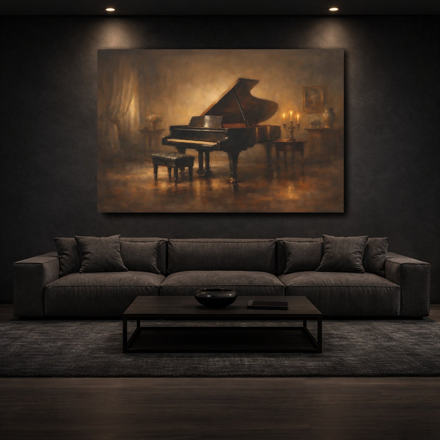 Mockup 2. Vintage Grand Piano Vintage Piano Art shown as stretched canvas wall art
