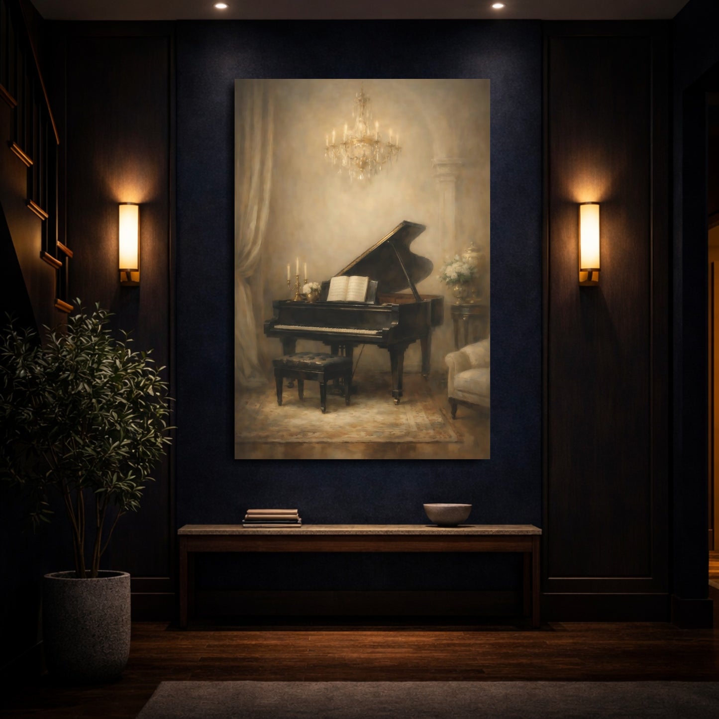 Mockup 3. Vintage Grand Piano Vintage Piano Art shown as stretched canvas wall art