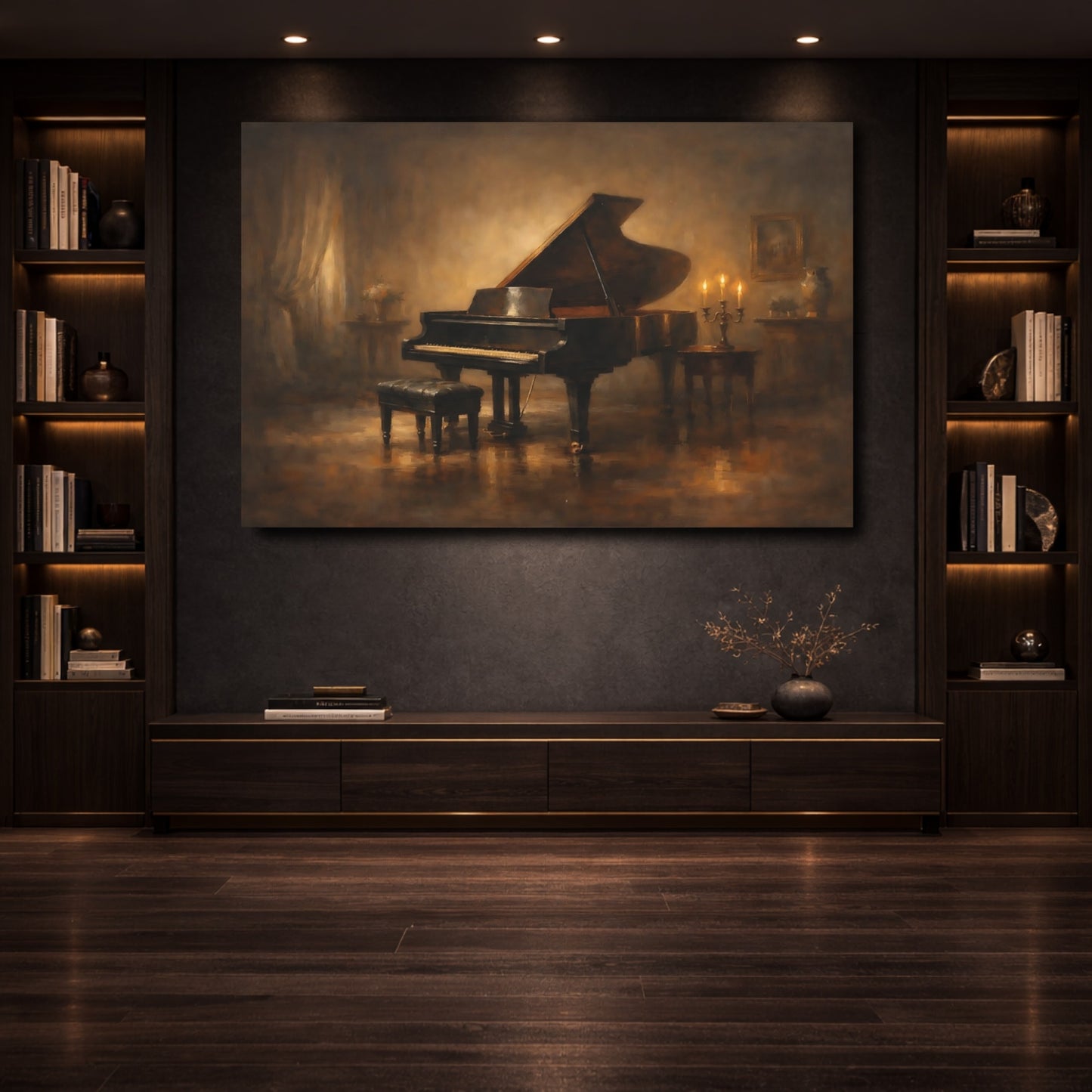Mockup 3. Vintage Grand Piano Vintage Piano Art shown as stretched canvas wall art