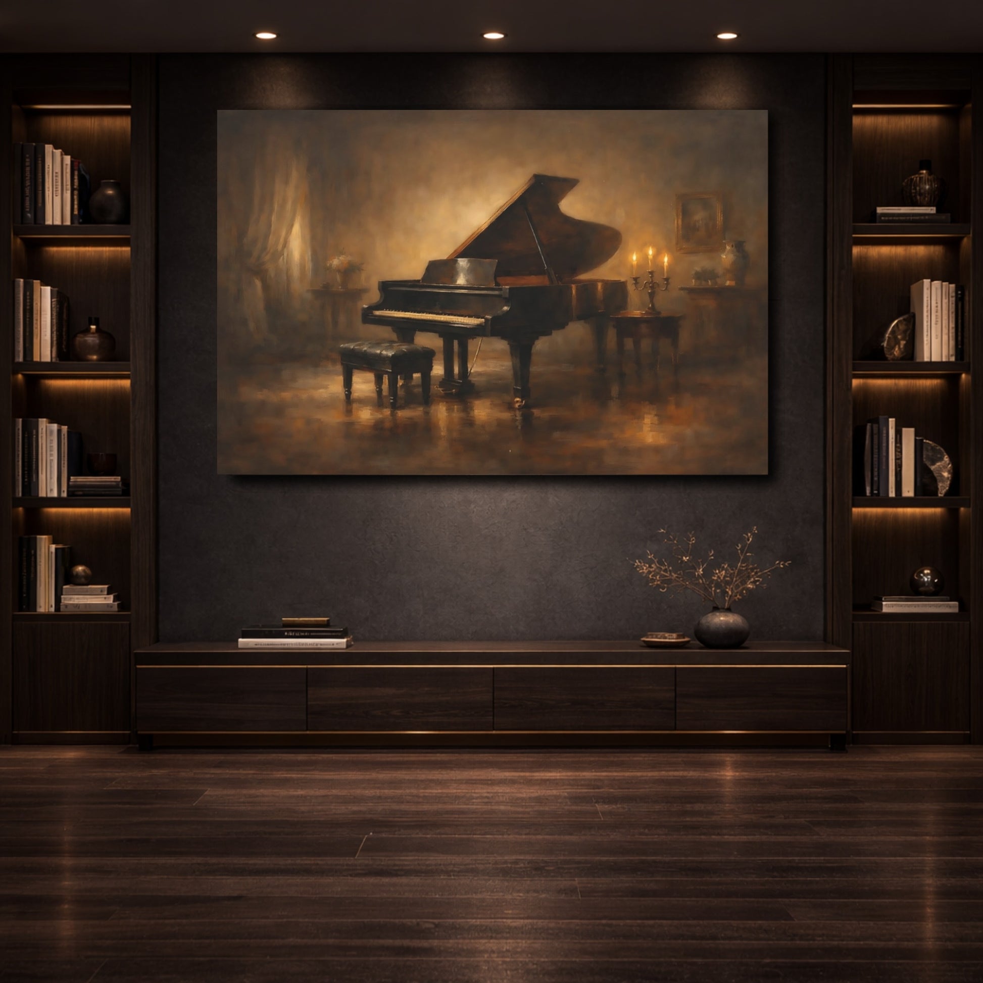 Mockup 3. Vintage Grand Piano Vintage Piano Art shown as stretched canvas wall art