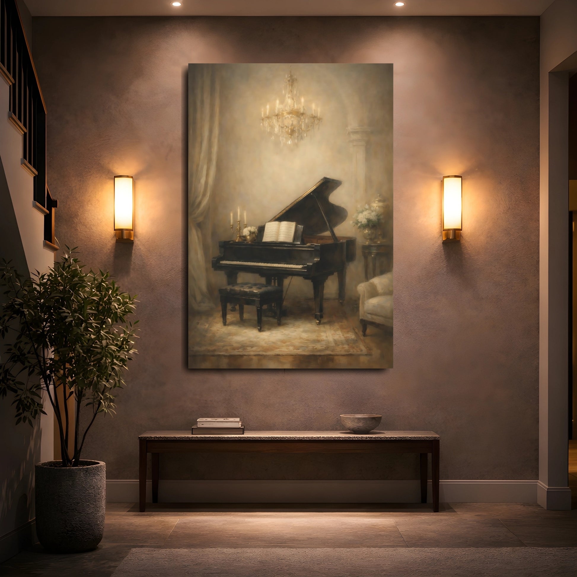 Mockup 4. Vintage Grand Piano Vintage Piano Art shown as stretched canvas wall art