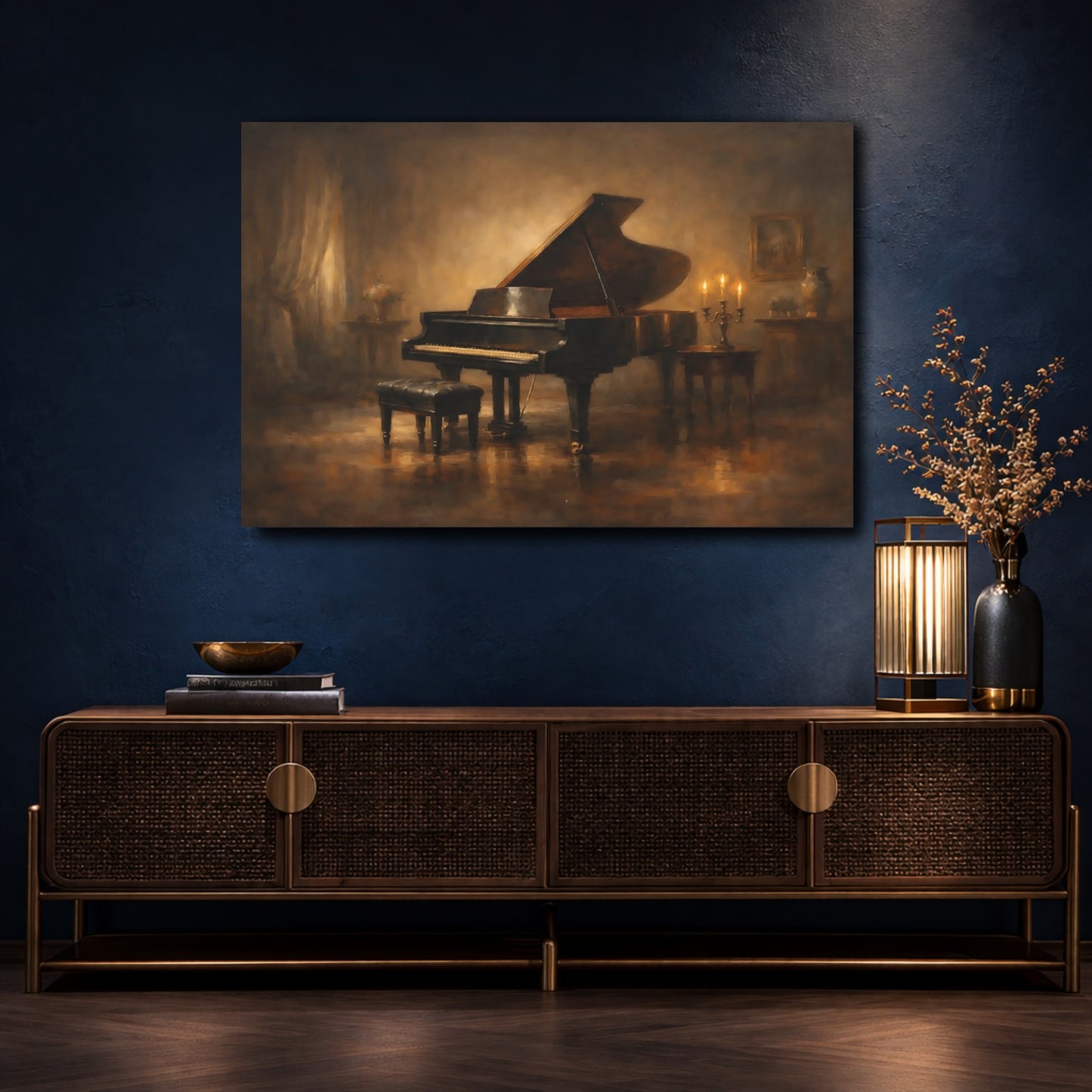 Mockup 4. Vintage Grand Piano Vintage Piano Art shown as stretched canvas wall art