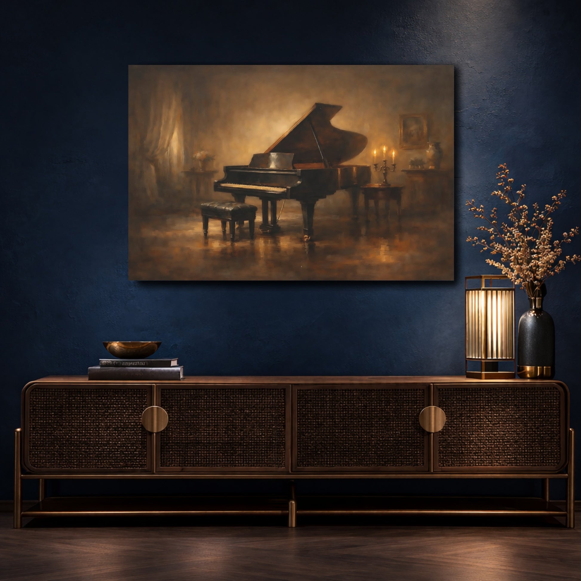 Mockup 4. Vintage Grand Piano Vintage Piano Art shown as stretched canvas wall art