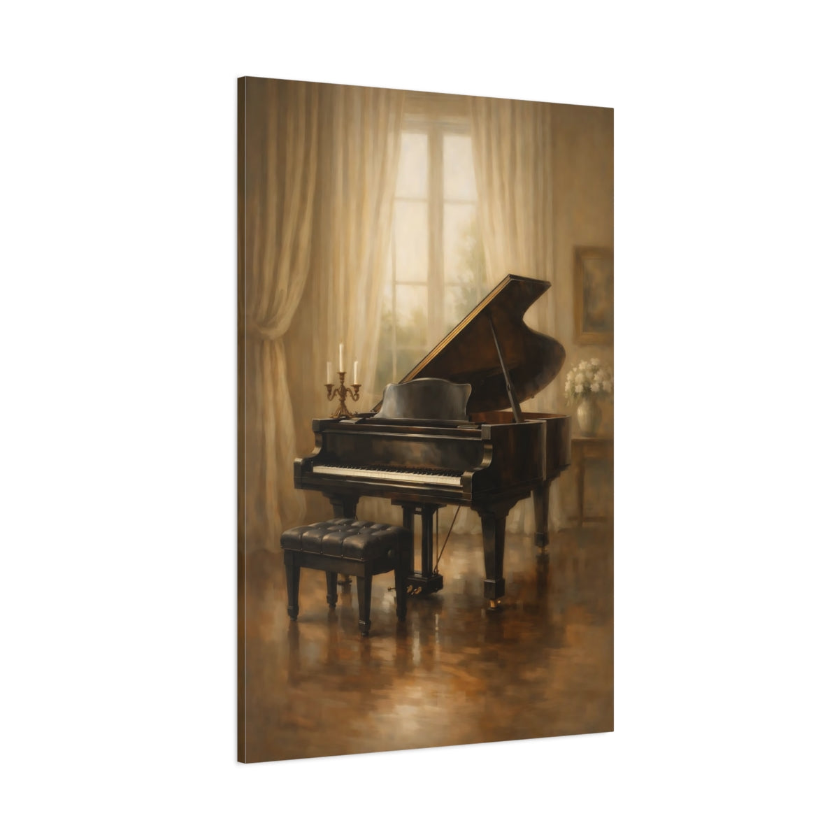 Main Mockup. Vintage Grand Piano Warm Piano Room shown as stretched canvas wall art