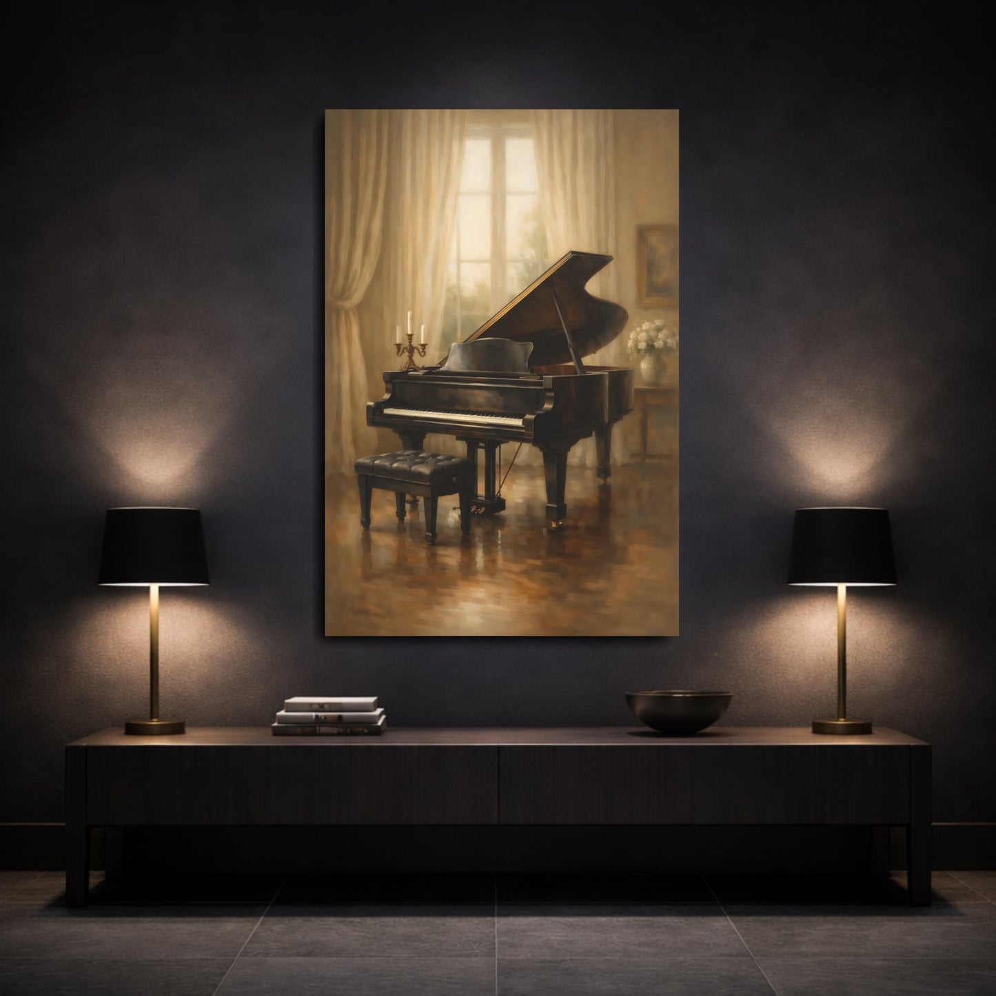 Mockup 2. Vintage Grand Piano Warm Piano Room shown as stretched canvas wall art