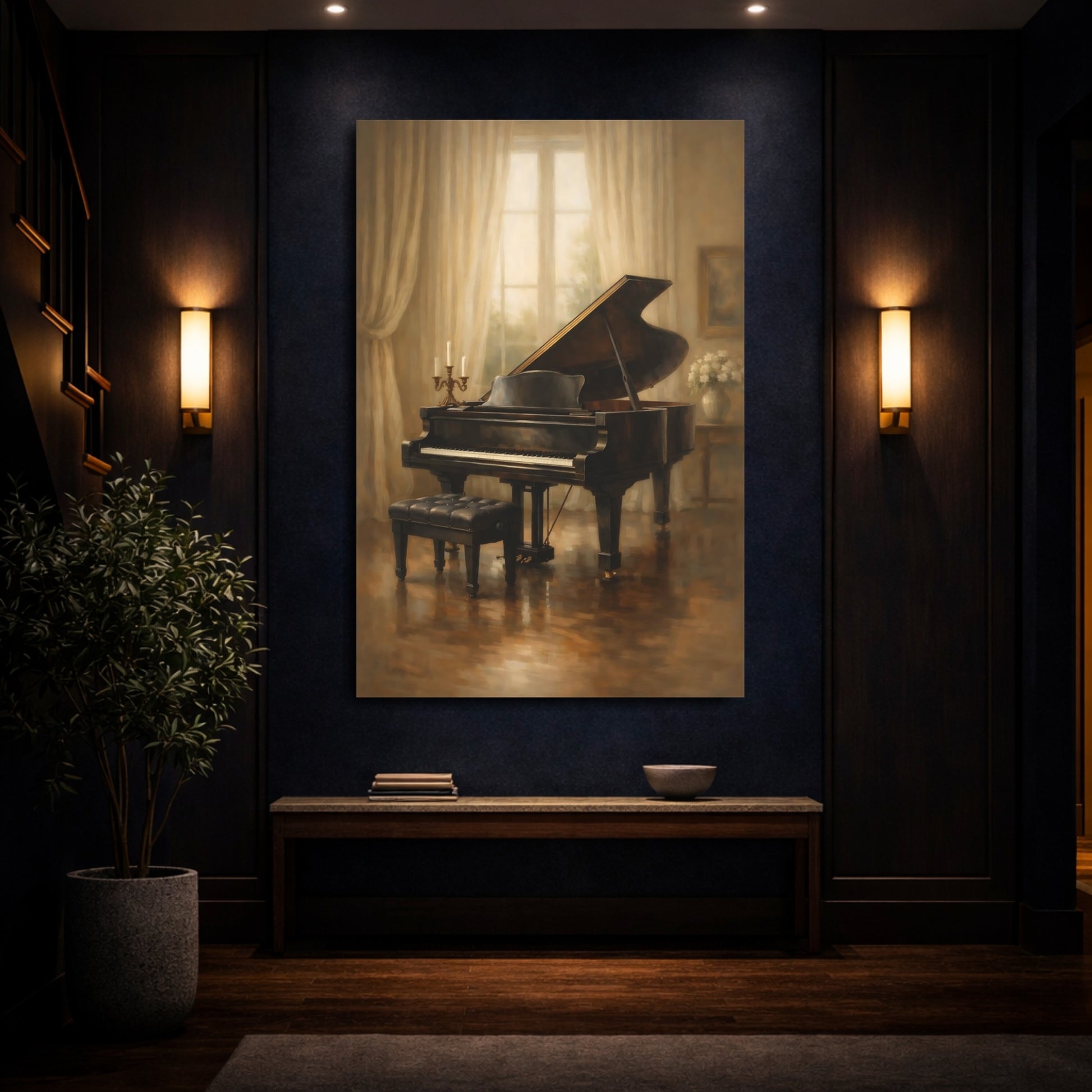 Mockup 3. Vintage Grand Piano Warm Piano Room shown as stretched canvas wall art