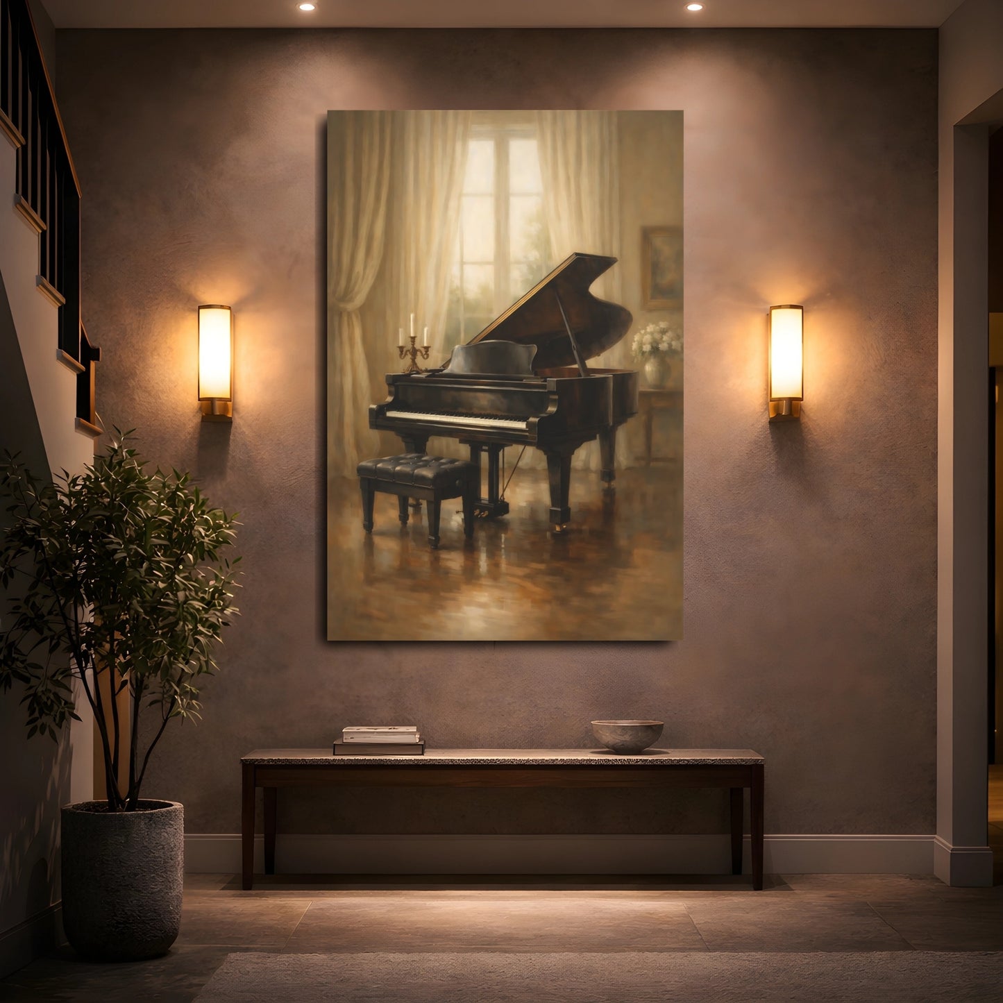Mockup 4. Vintage Grand Piano Warm Piano Room shown as stretched canvas wall art