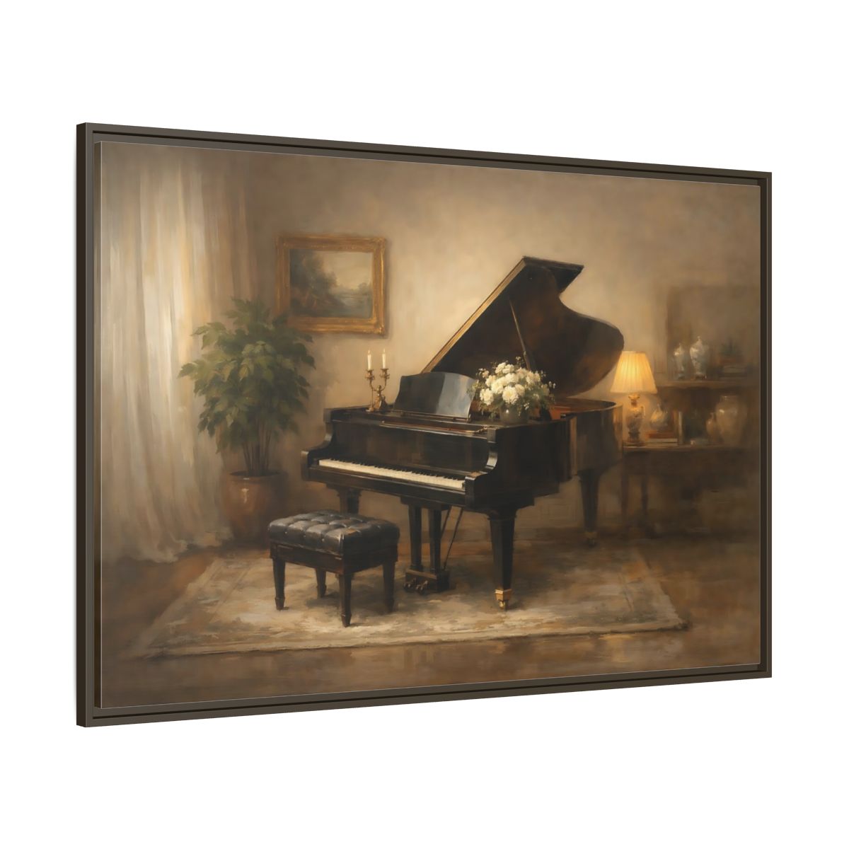 Main Mockup. Vintage Grand Piano Warm Tones shown as stretched canvas wall art