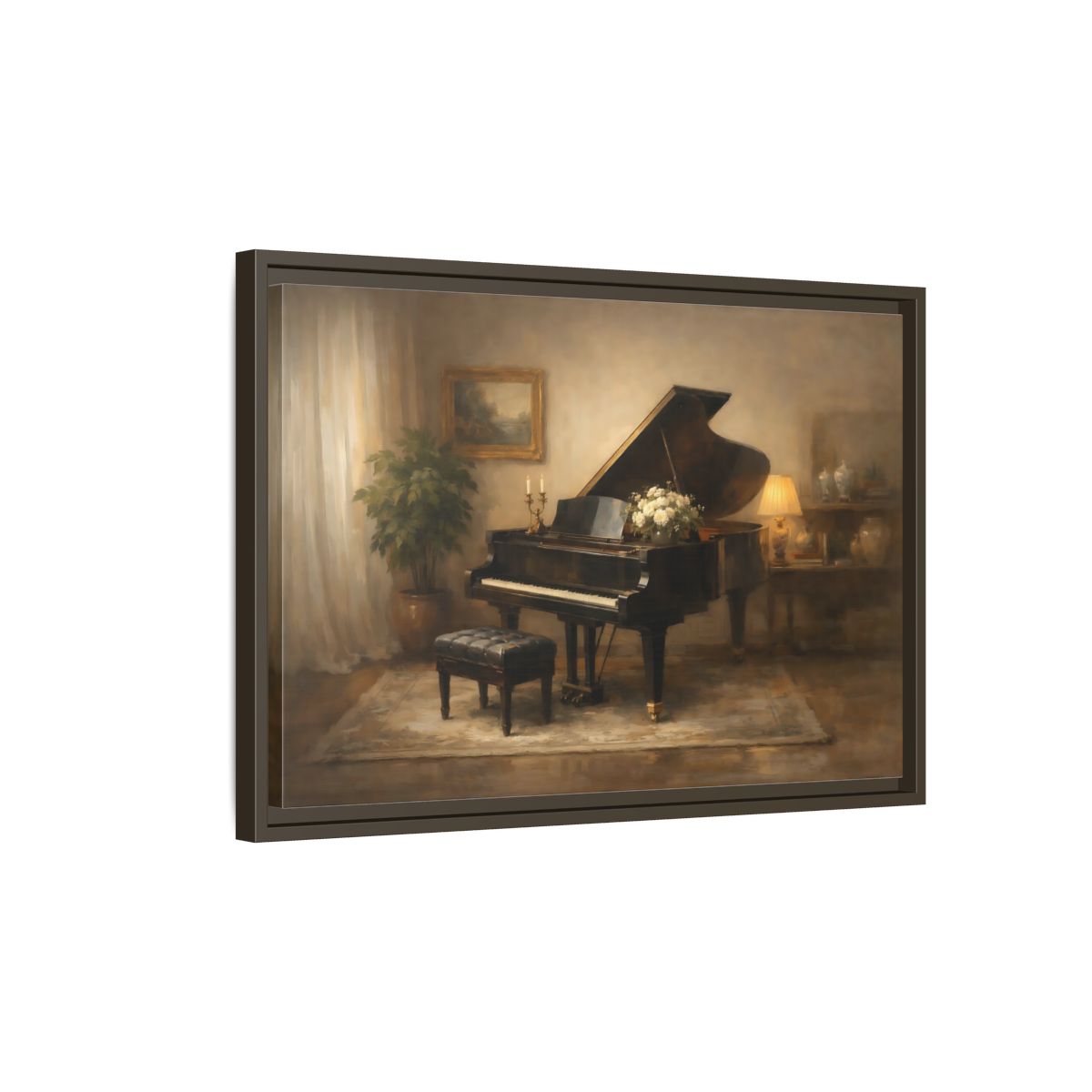 Side Mockup 2. Vintage Grand Piano Warm Tones shown as stretched canvas wall art