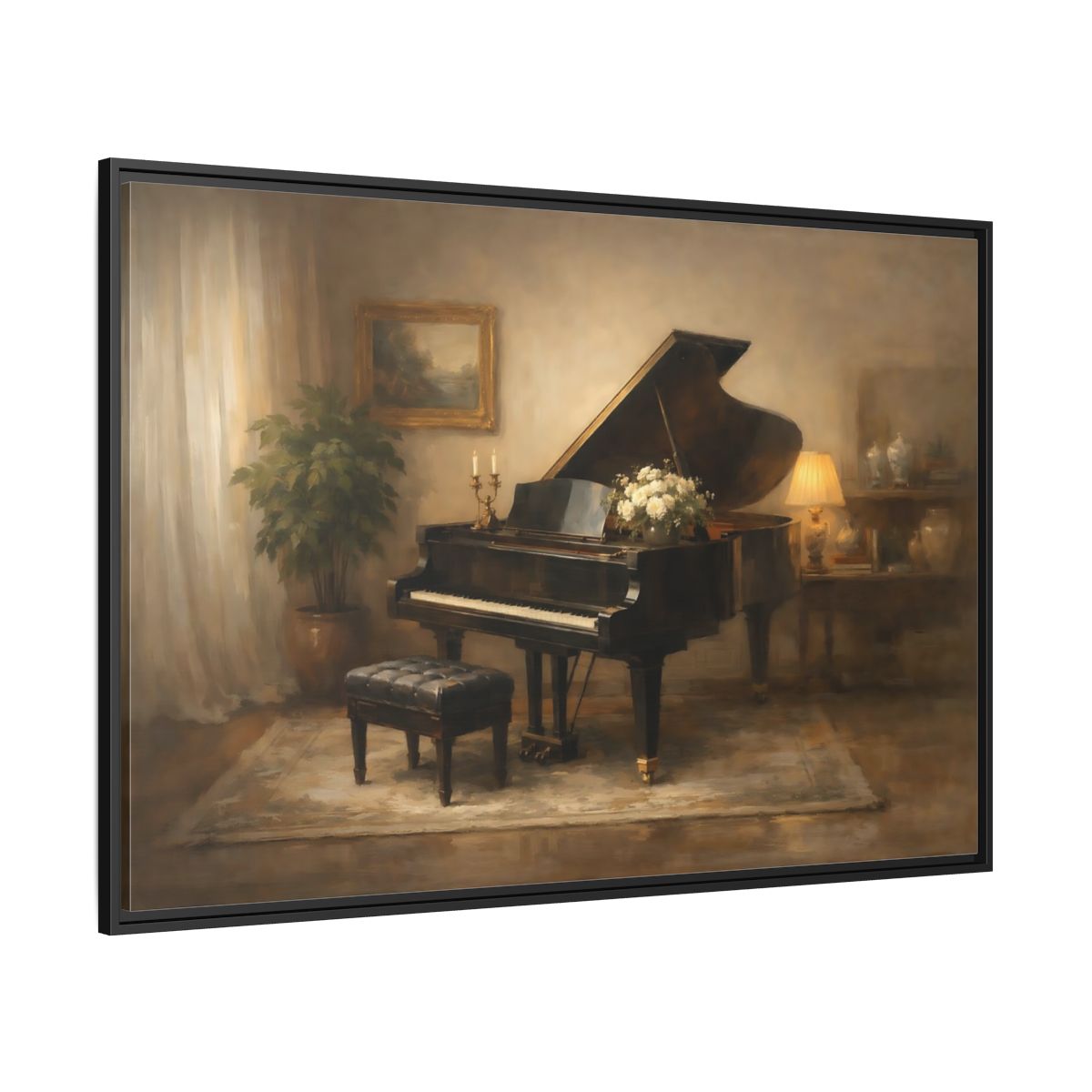 Side Mockup 12. Vintage Grand Piano Warm Tones shown as stretched canvas wall art