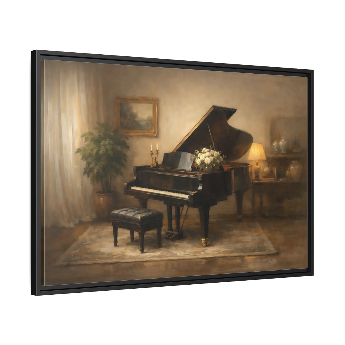 Side Mockup 13. Vintage Grand Piano Warm Tones shown as stretched canvas wall art