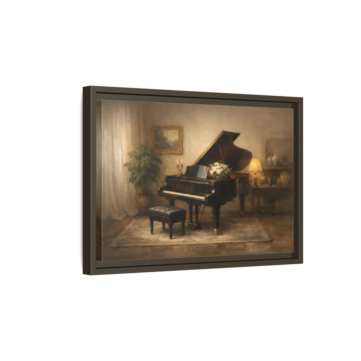 Side Mockup 5. Vintage Grand Piano Warm Tones shown as stretched canvas wall art