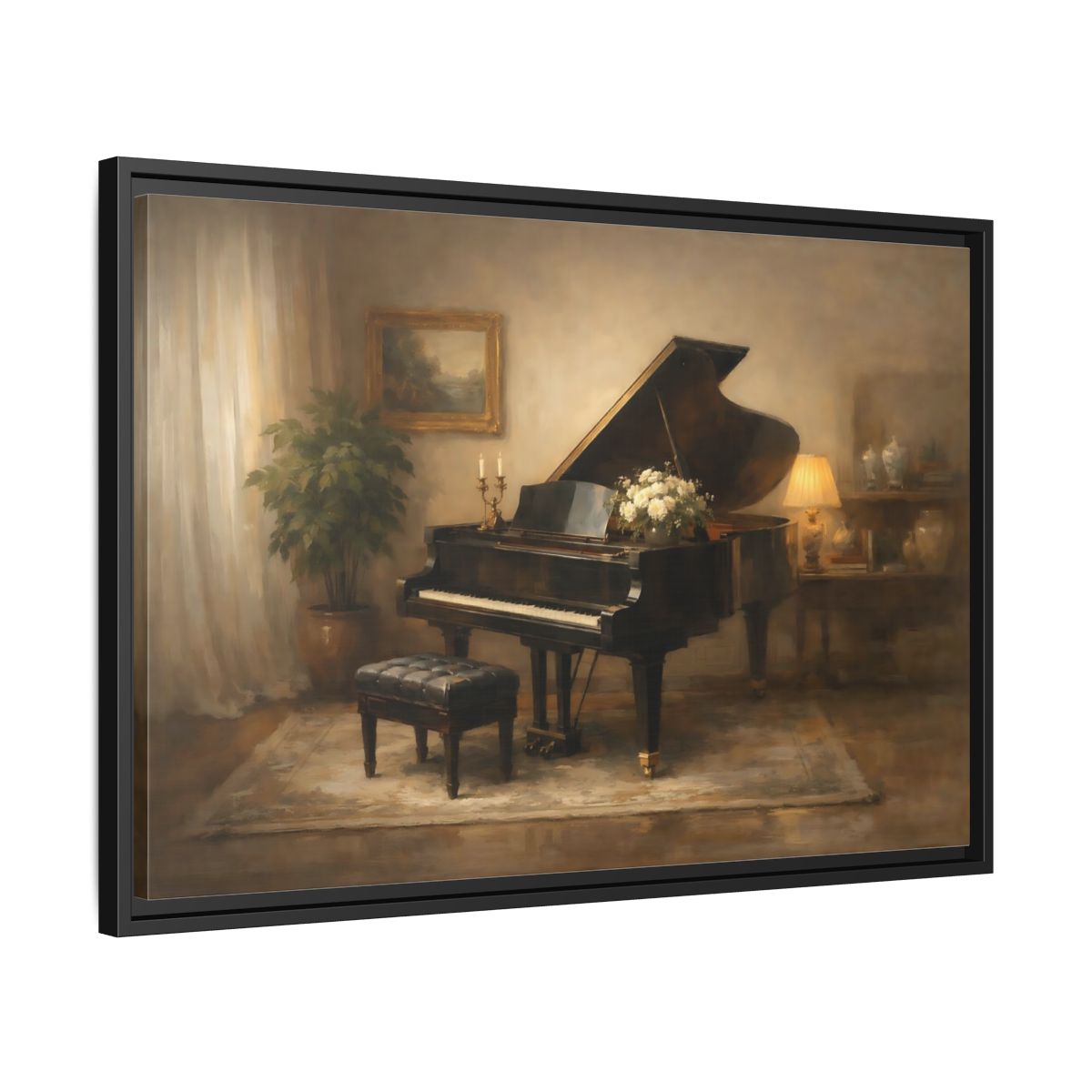 Side Mockup 14. Vintage Grand Piano Warm Tones shown as stretched canvas wall art