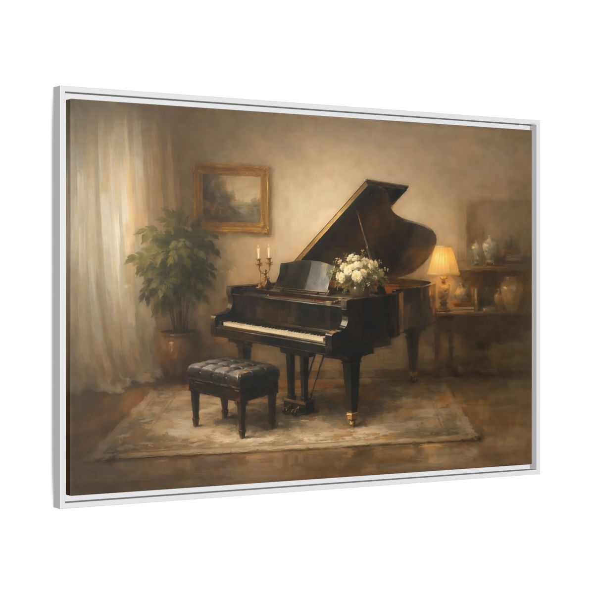Side Mockup 7. Vintage Grand Piano Warm Tones shown as stretched canvas wall art