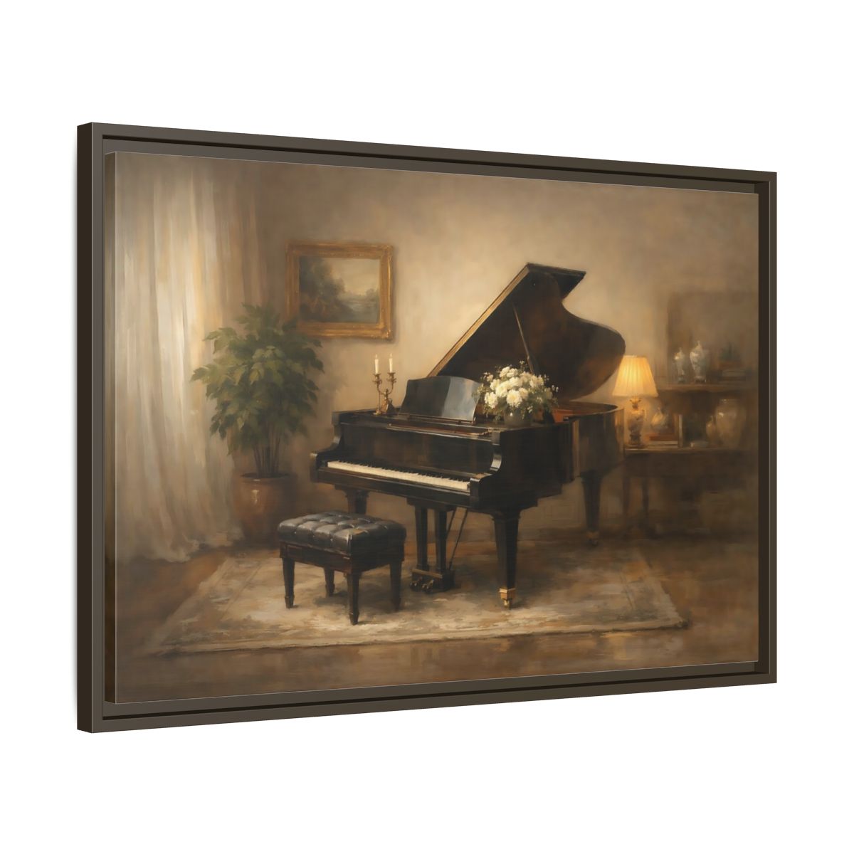 Side Mockup 11. Vintage Grand Piano Warm Tones shown as stretched canvas wall art