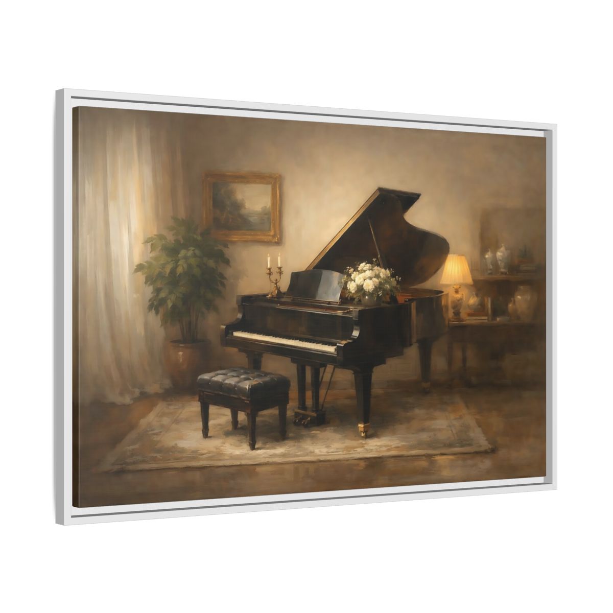Side Mockup 8. Vintage Grand Piano Warm Tones shown as stretched canvas wall art