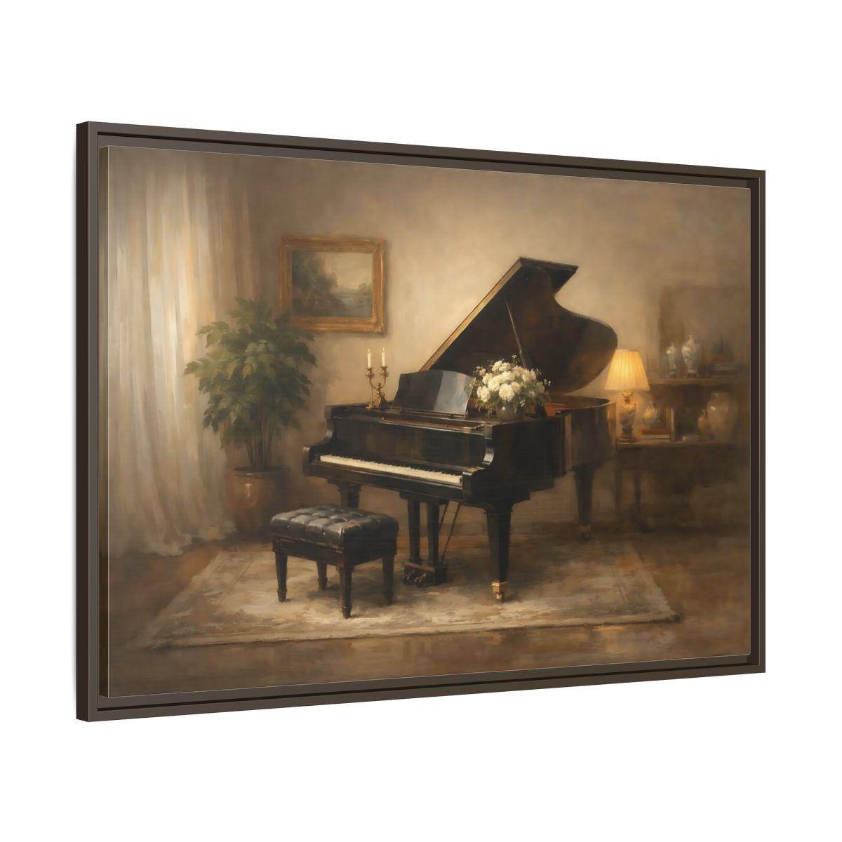 Side Mockup 9. Vintage Grand Piano Warm Tones shown as stretched canvas wall art