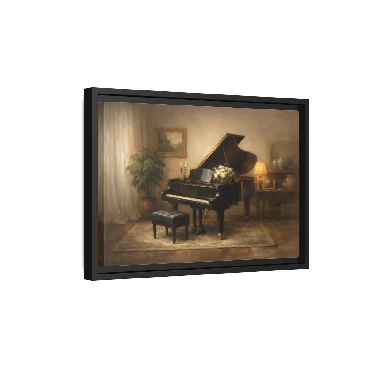 Side Mockup 6. Vintage Grand Piano Warm Tones shown as stretched canvas wall art