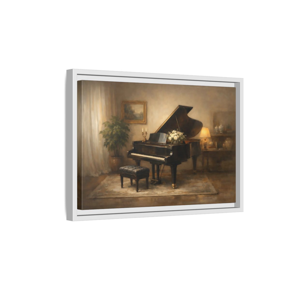 Side Mockup 4. Vintage Grand Piano Warm Tones shown as stretched canvas wall art