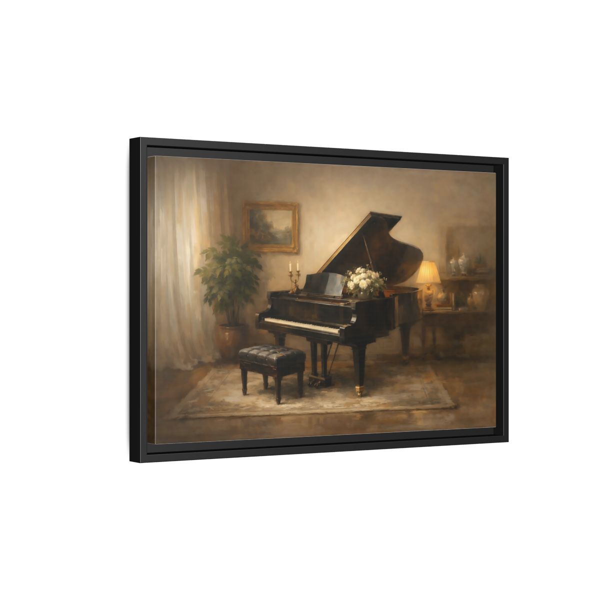 Side Mockup 3. Vintage Grand Piano Warm Tones shown as stretched canvas wall art