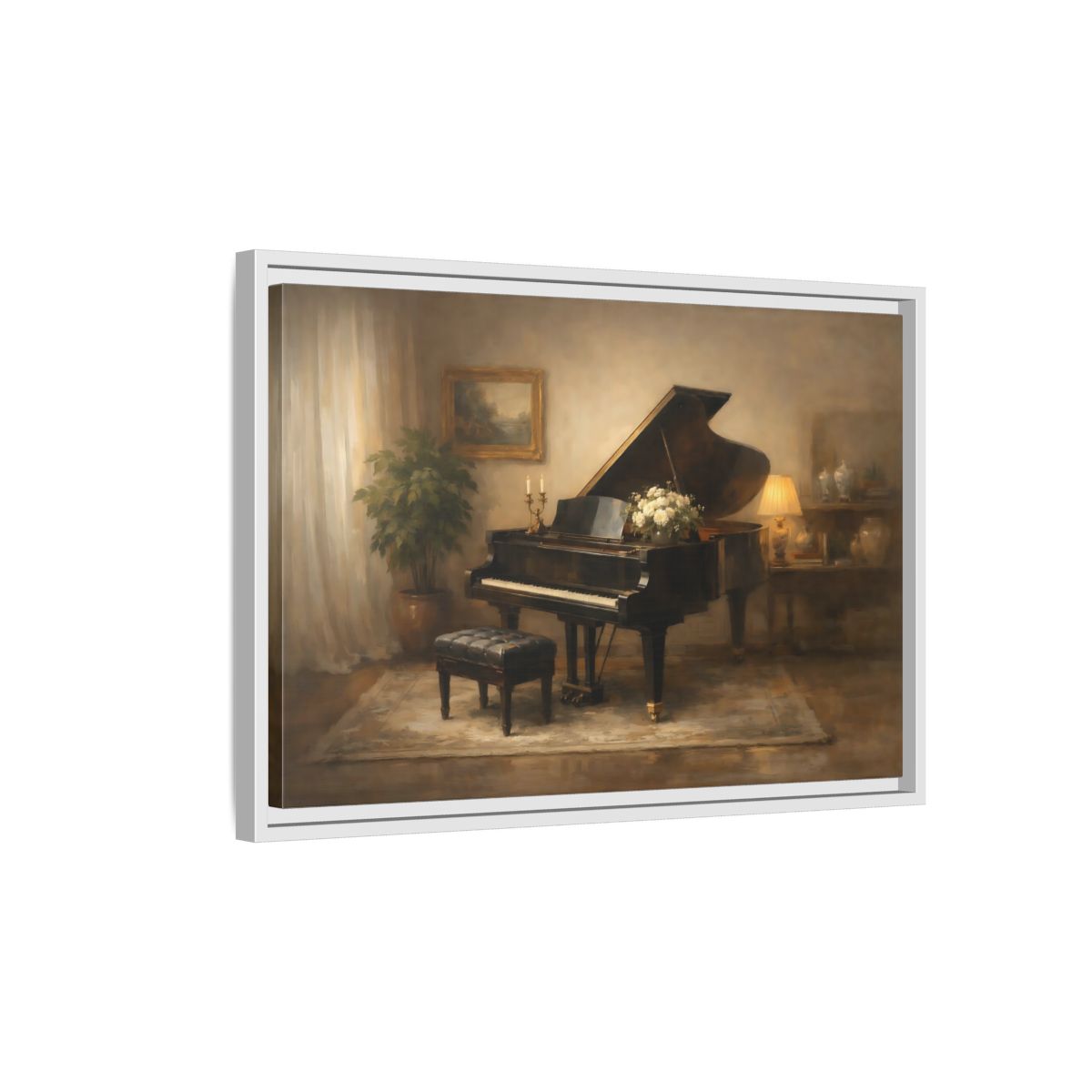 Side Mockup 1. Vintage Grand Piano Warm Tones shown as stretched canvas wall art