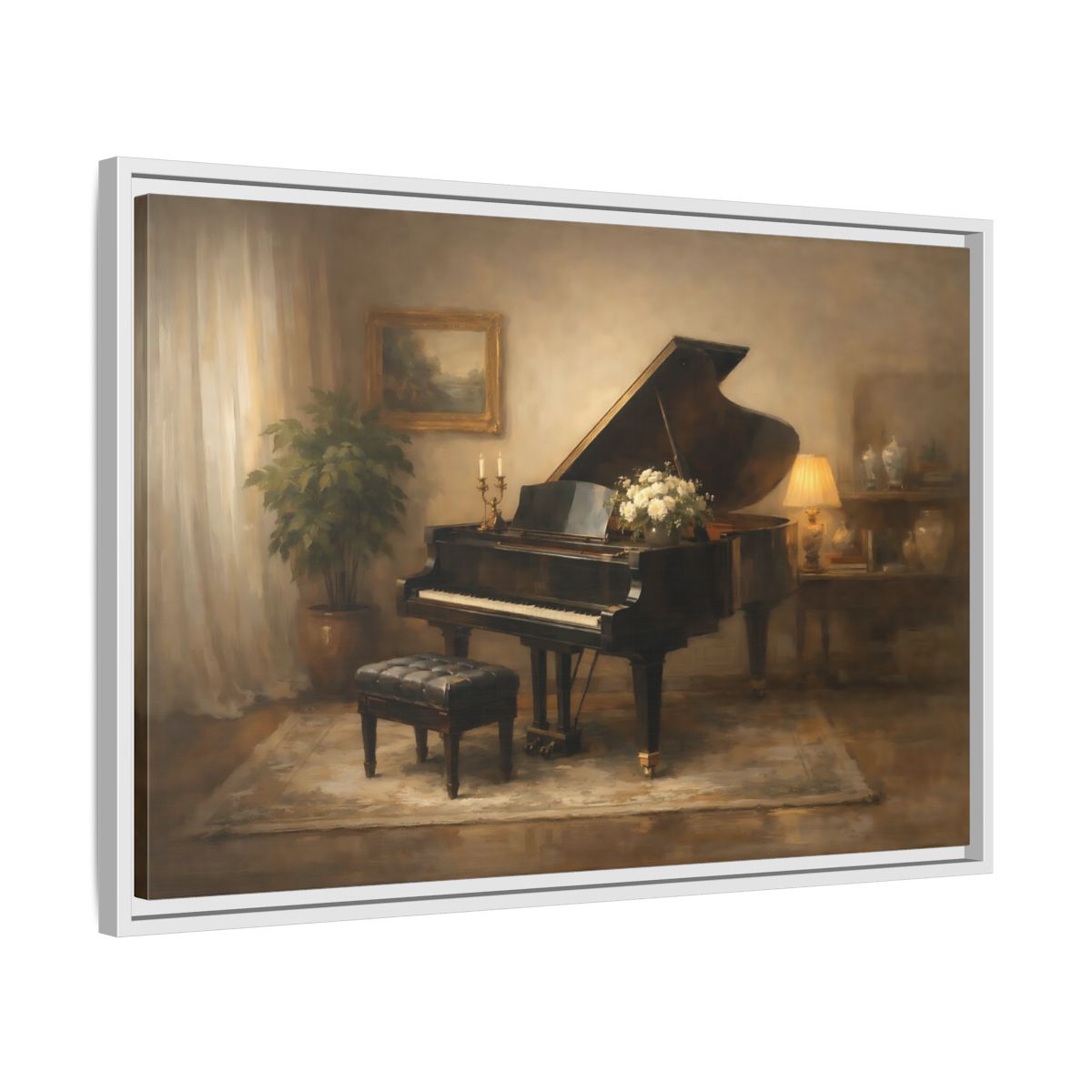 Side Mockup 10. Vintage Grand Piano Warm Tones shown as stretched canvas wall art