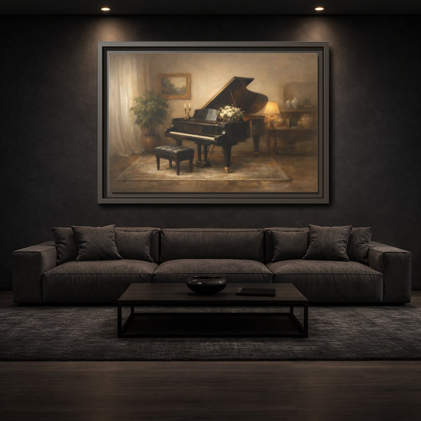 Mockup 2. Vintage Grand Piano Warm Tones shown as stretched canvas wall art