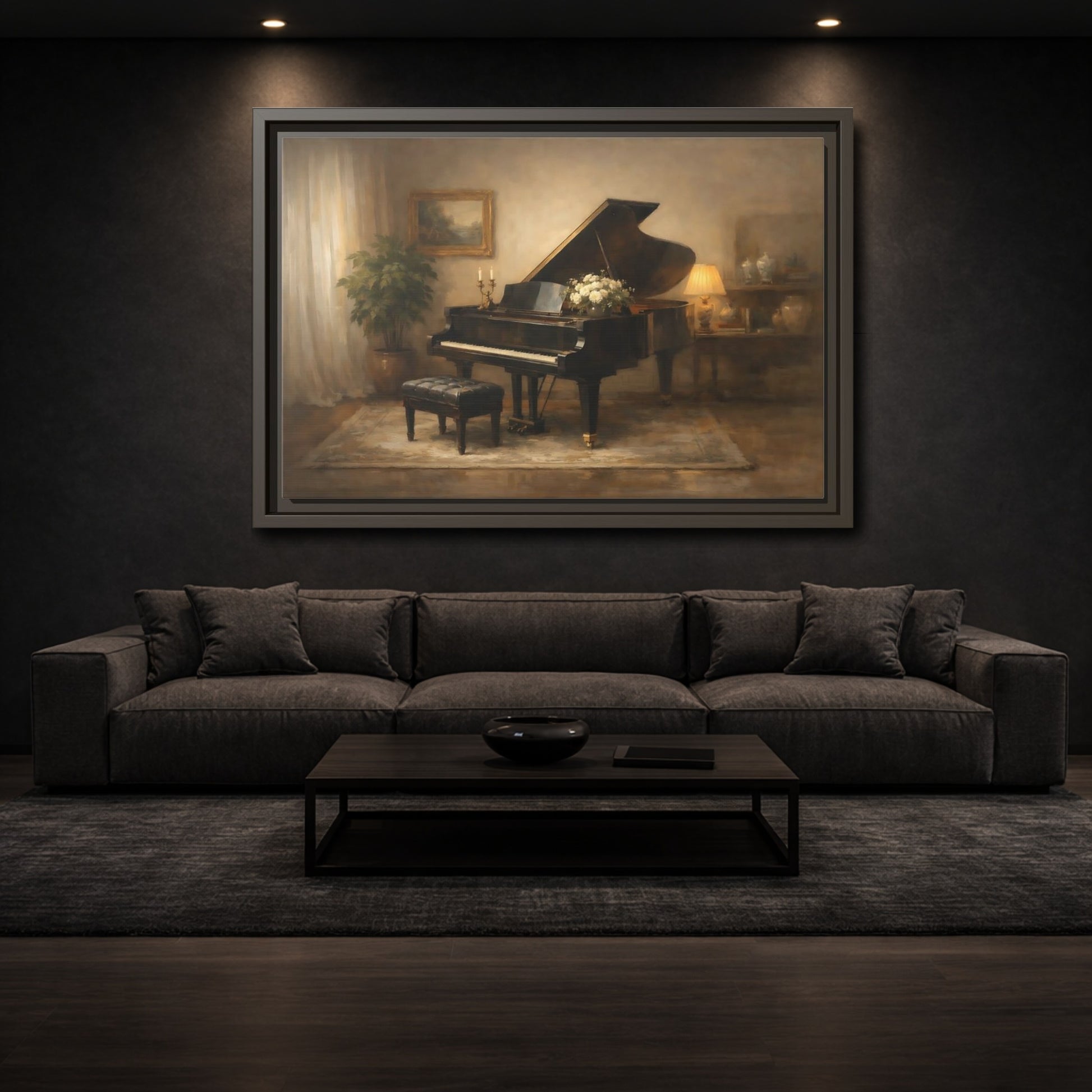 Mockup 2. Vintage Grand Piano Warm Tones shown as stretched canvas wall art