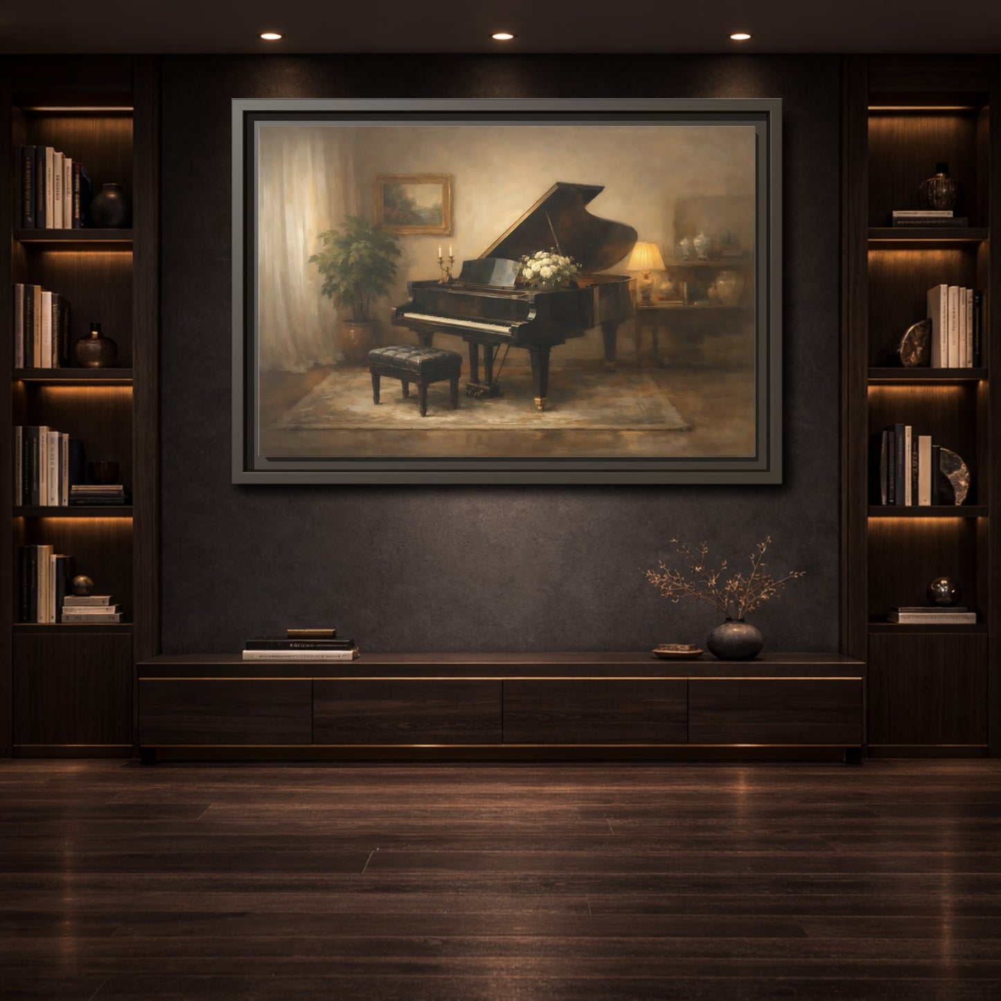 Mockup 3. Vintage Grand Piano Warm Tones shown as stretched canvas wall art
